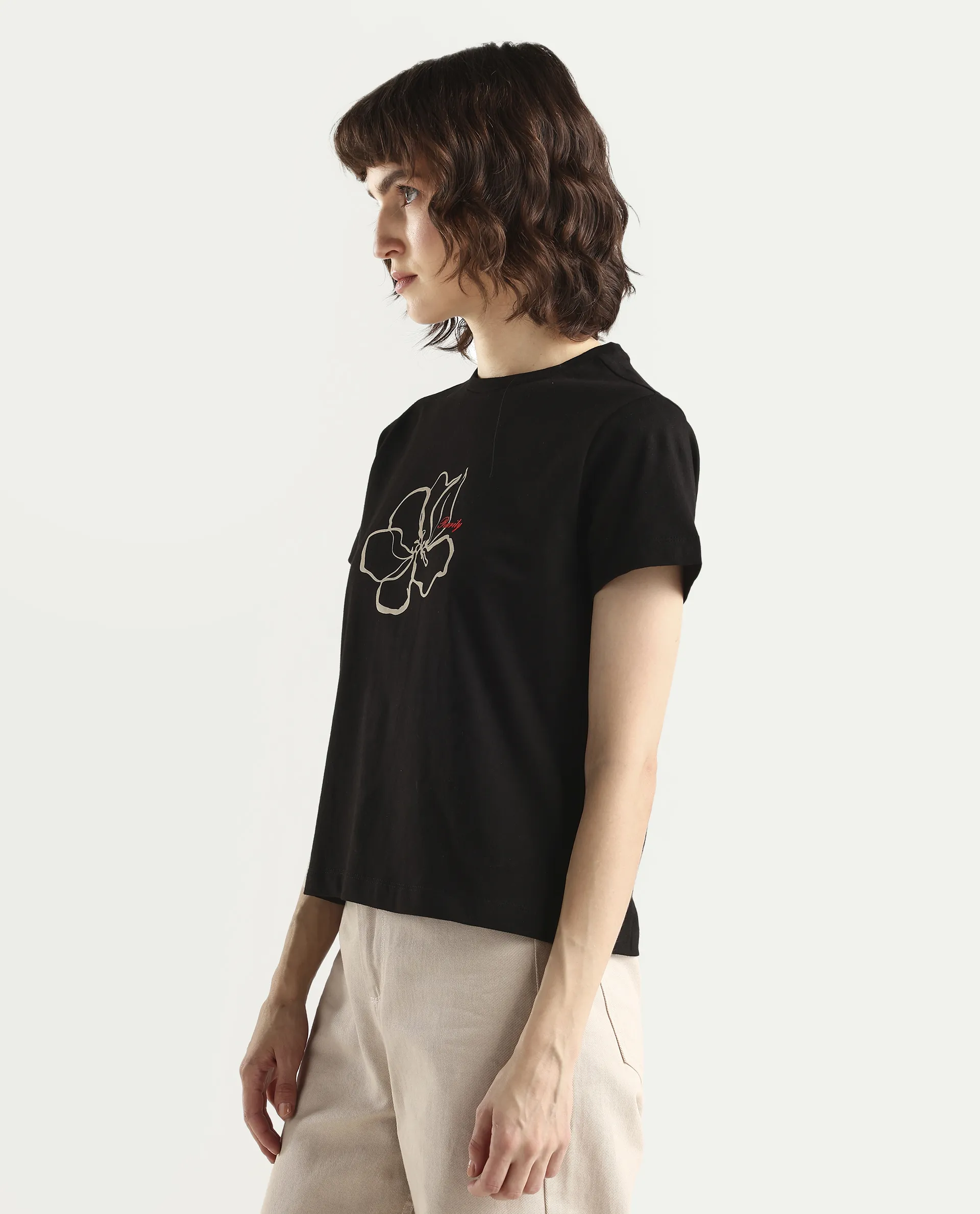 Rareism Women's Zrad Black Cotton Half Sleeve Regular Fit Floral Print T-Shirt - Image 5