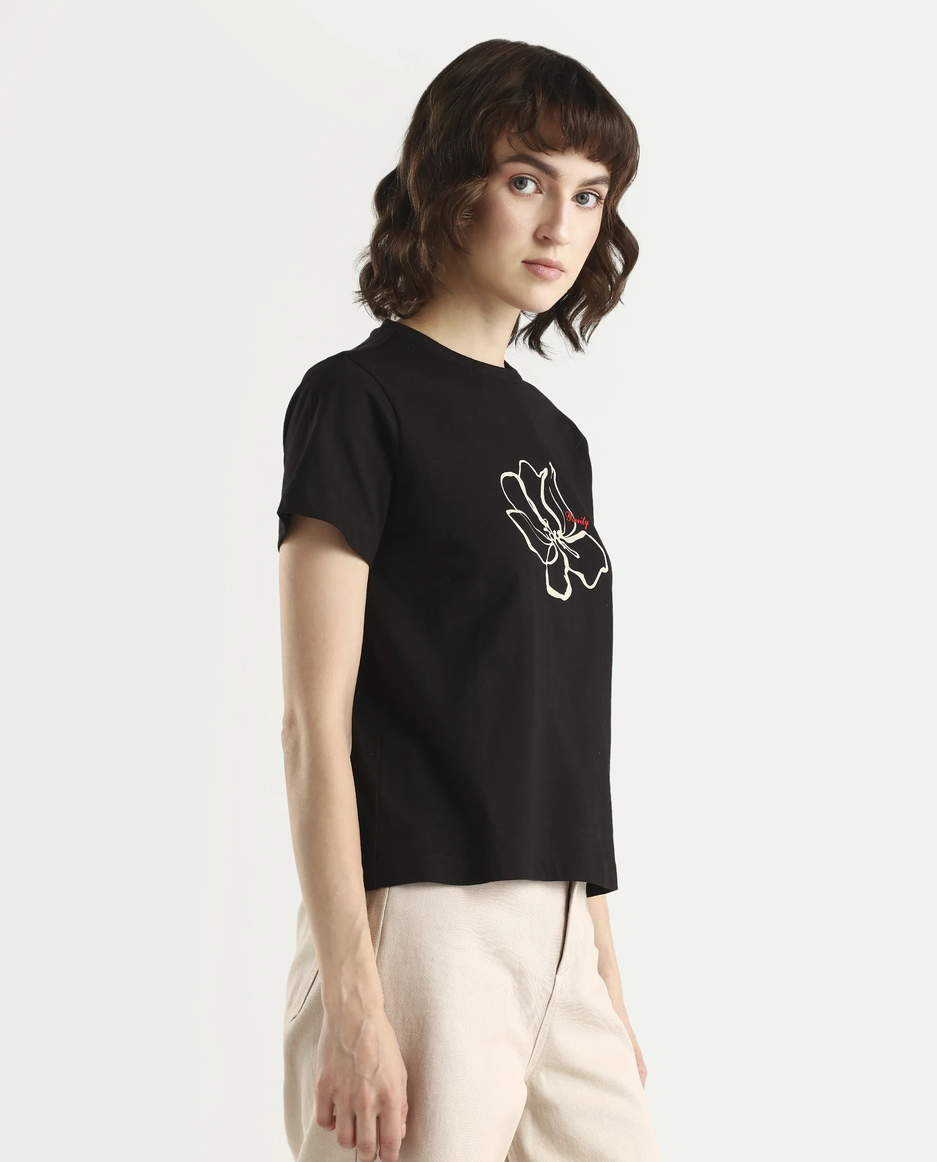 Rareism Women's Zrad Black Cotton Half Sleeve Regular Fit Floral Print T-Shirt - Image 6
