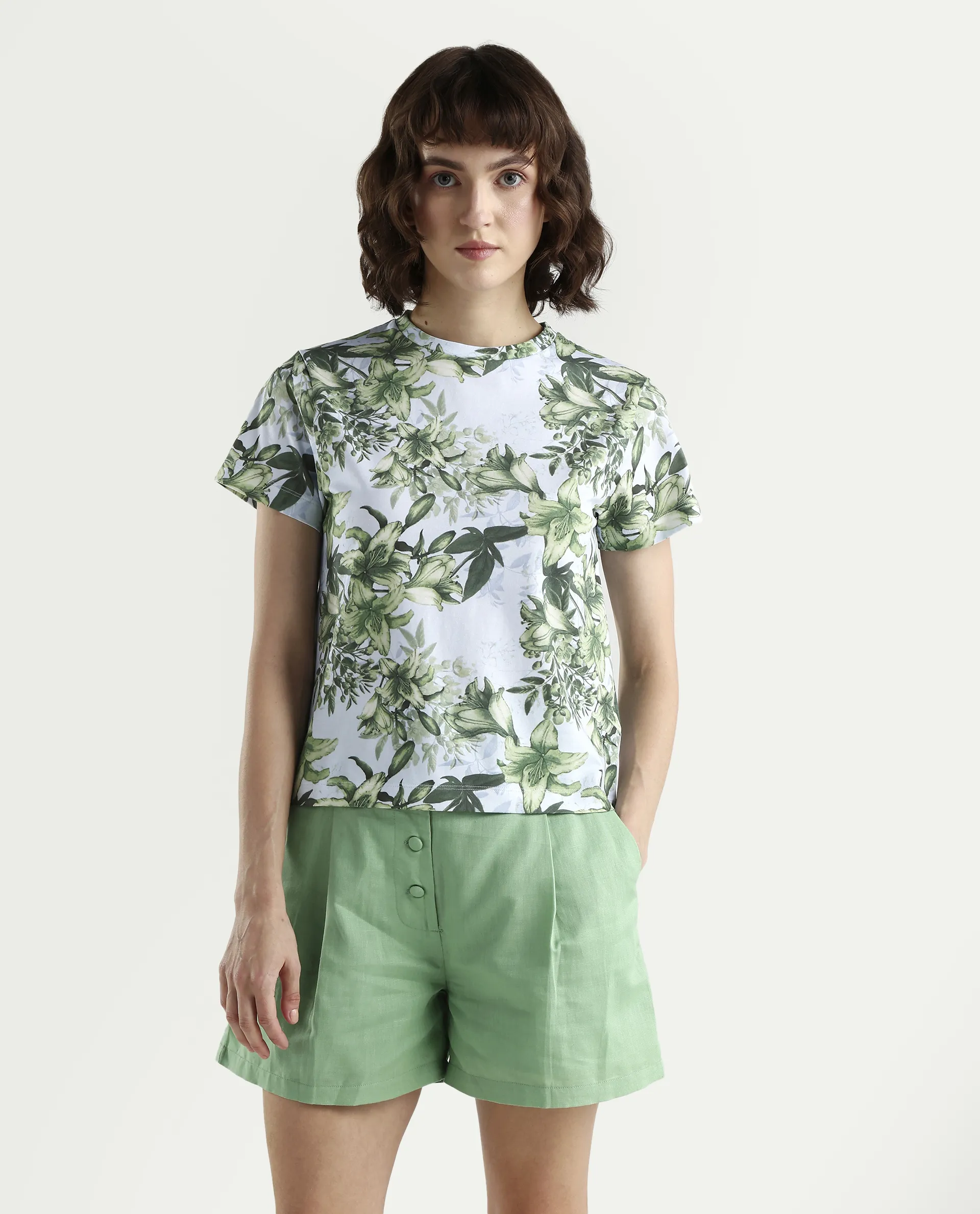 Rareism Women's Zrek Light Blue Cotton Blend Half Sleeve Regular Fit Floral Print T-Shirt - Image 3