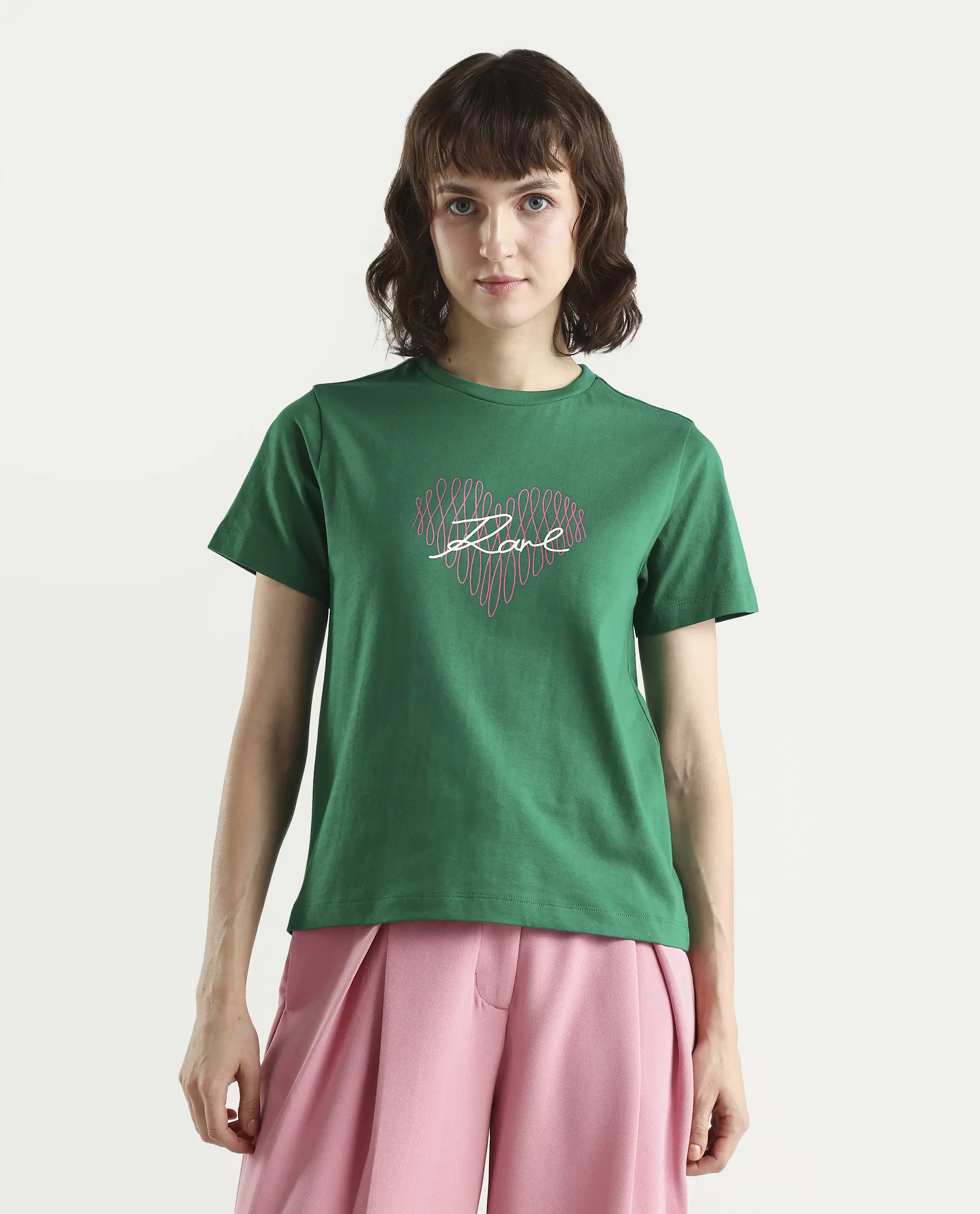 Rareism Women's Zrey Dark Green Cotton Half Sleeve Regular Fit Hd Print T-Shirt - Image 3