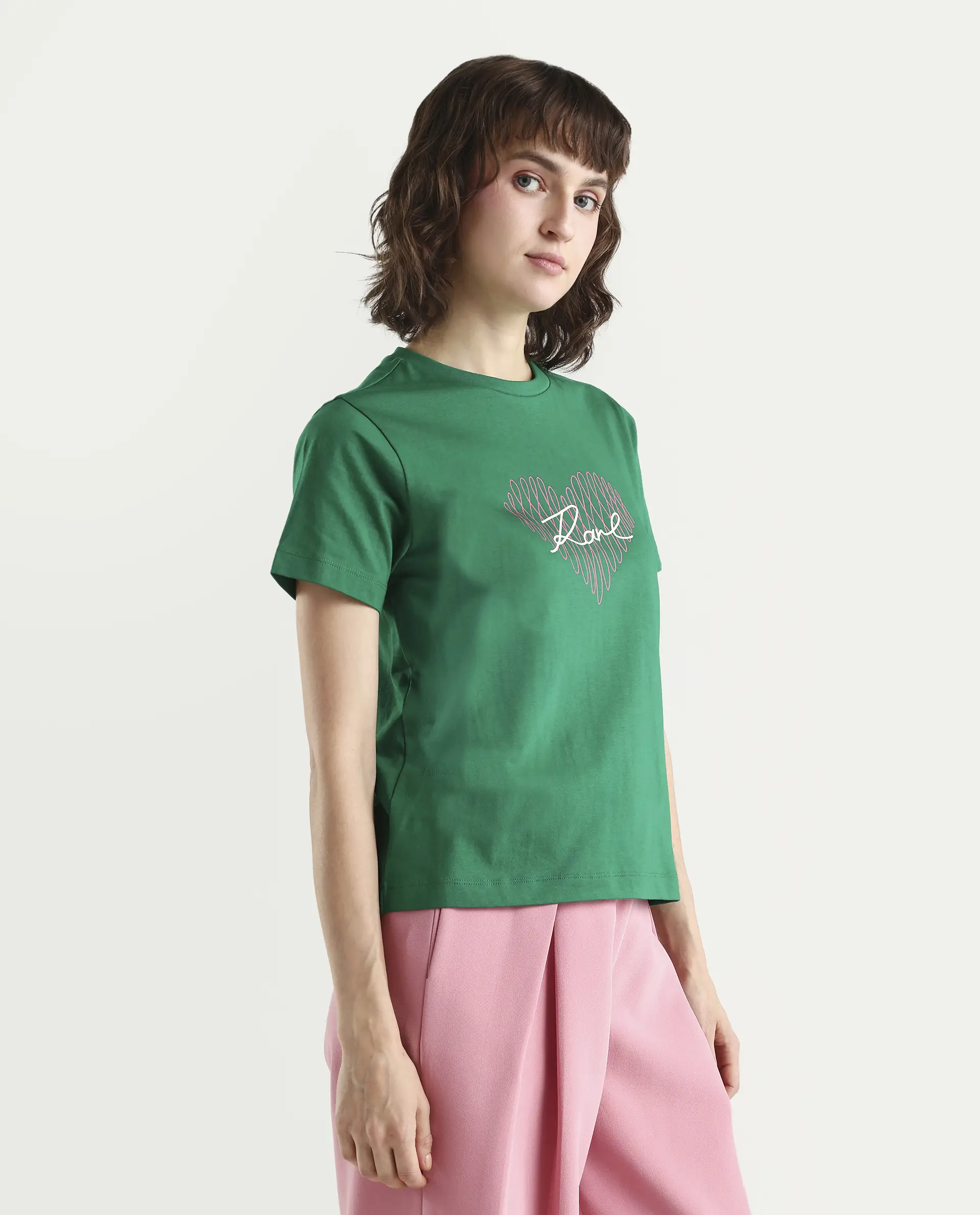 Rareism Women's Zrey Dark Green Cotton Half Sleeve Regular Fit Hd Print T-Shirt - Image 6