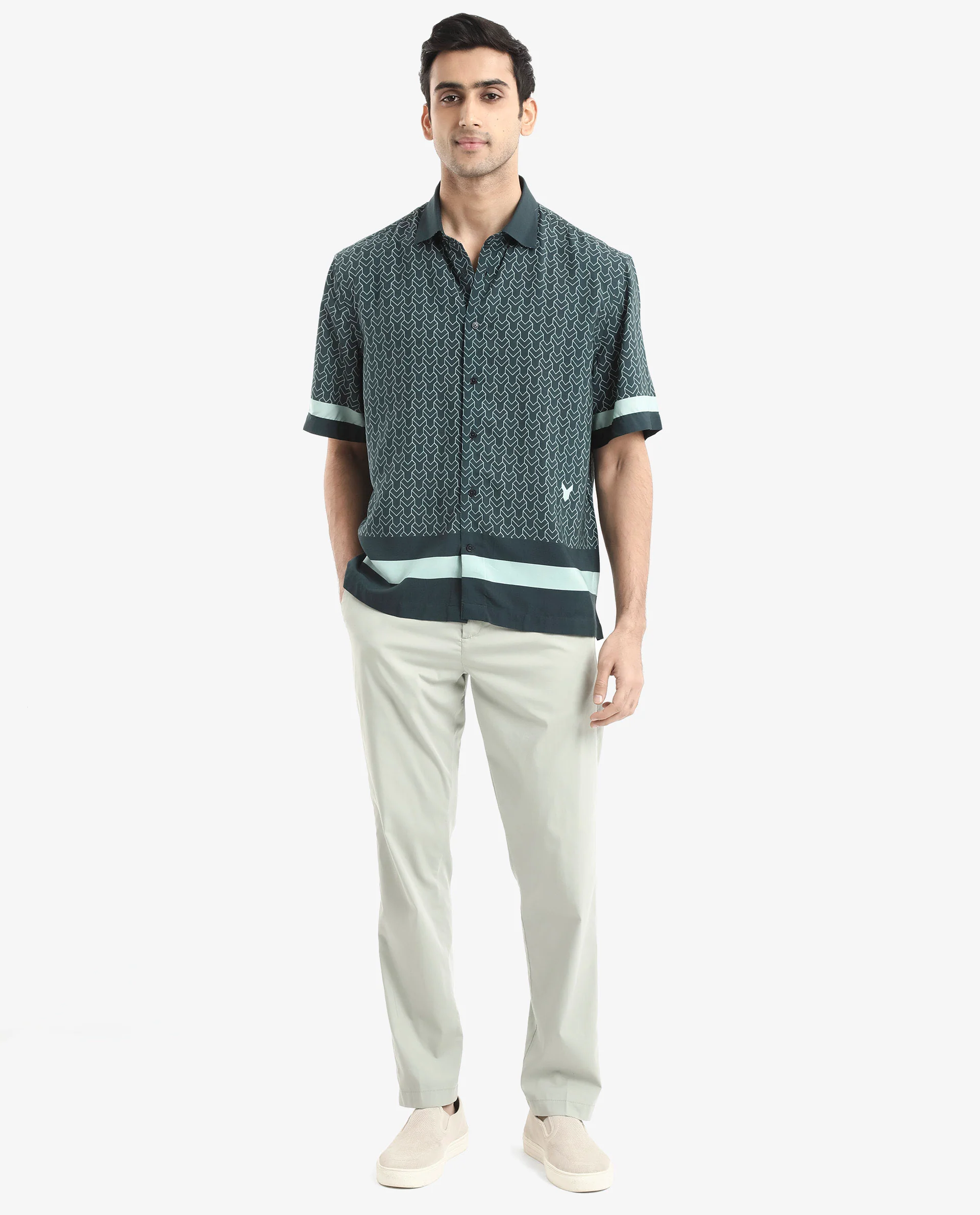 Rare Rabbit Men's Zubi Dark Green Viscose Monogram Print Boxy Fit Half Sleeve Collared Shirt - Image 2