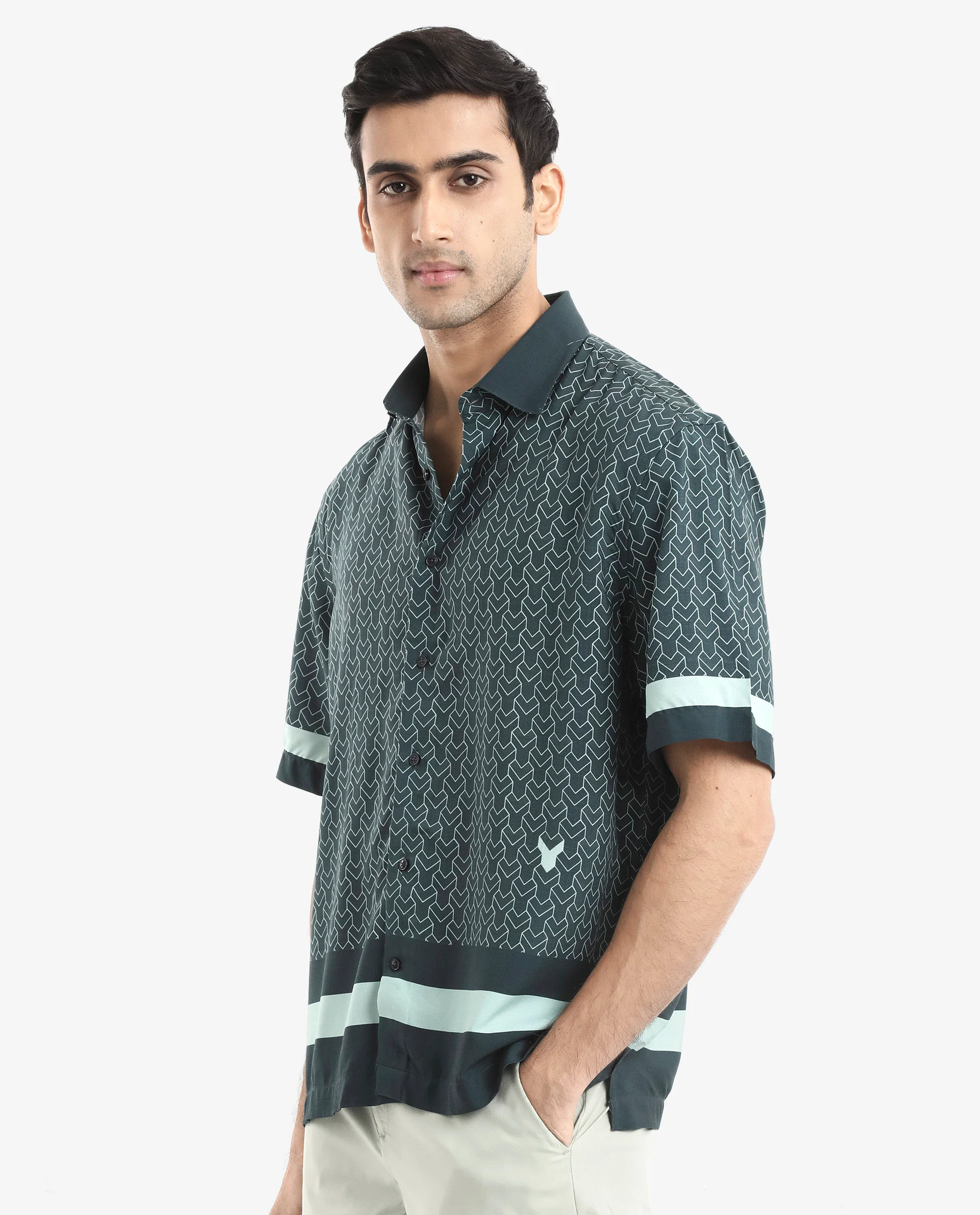 Rare Rabbit Men's Zubi Dark Green Viscose Monogram Print Boxy Fit Half Sleeve Collared Shirt - Image 3