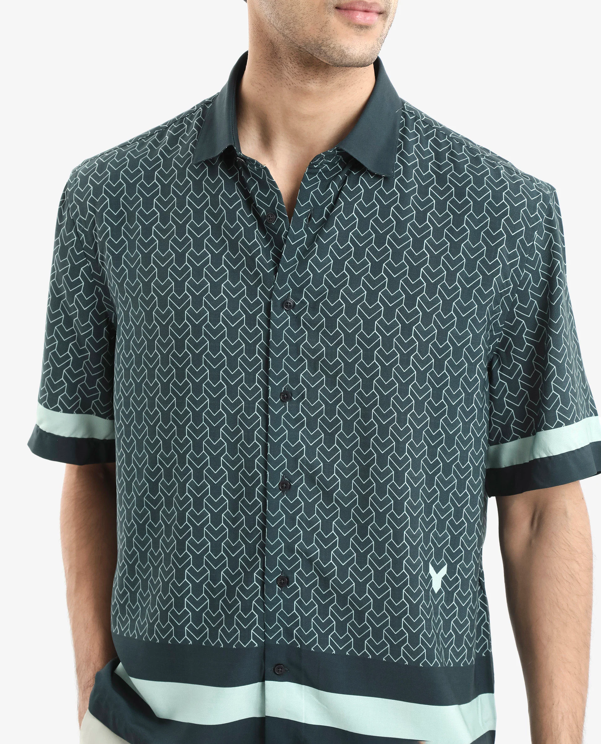 Rare Rabbit Men's Zubi Dark Green Viscose Monogram Print Boxy Fit Half Sleeve Collared Shirt - Image 4