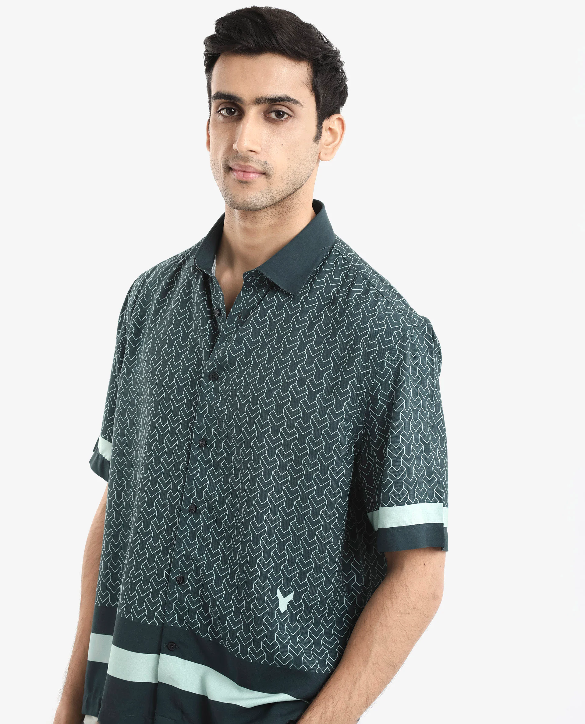 Rare Rabbit Men's Zubi Dark Green Viscose Monogram Print Boxy Fit Half Sleeve Collared Shirt - Image 5