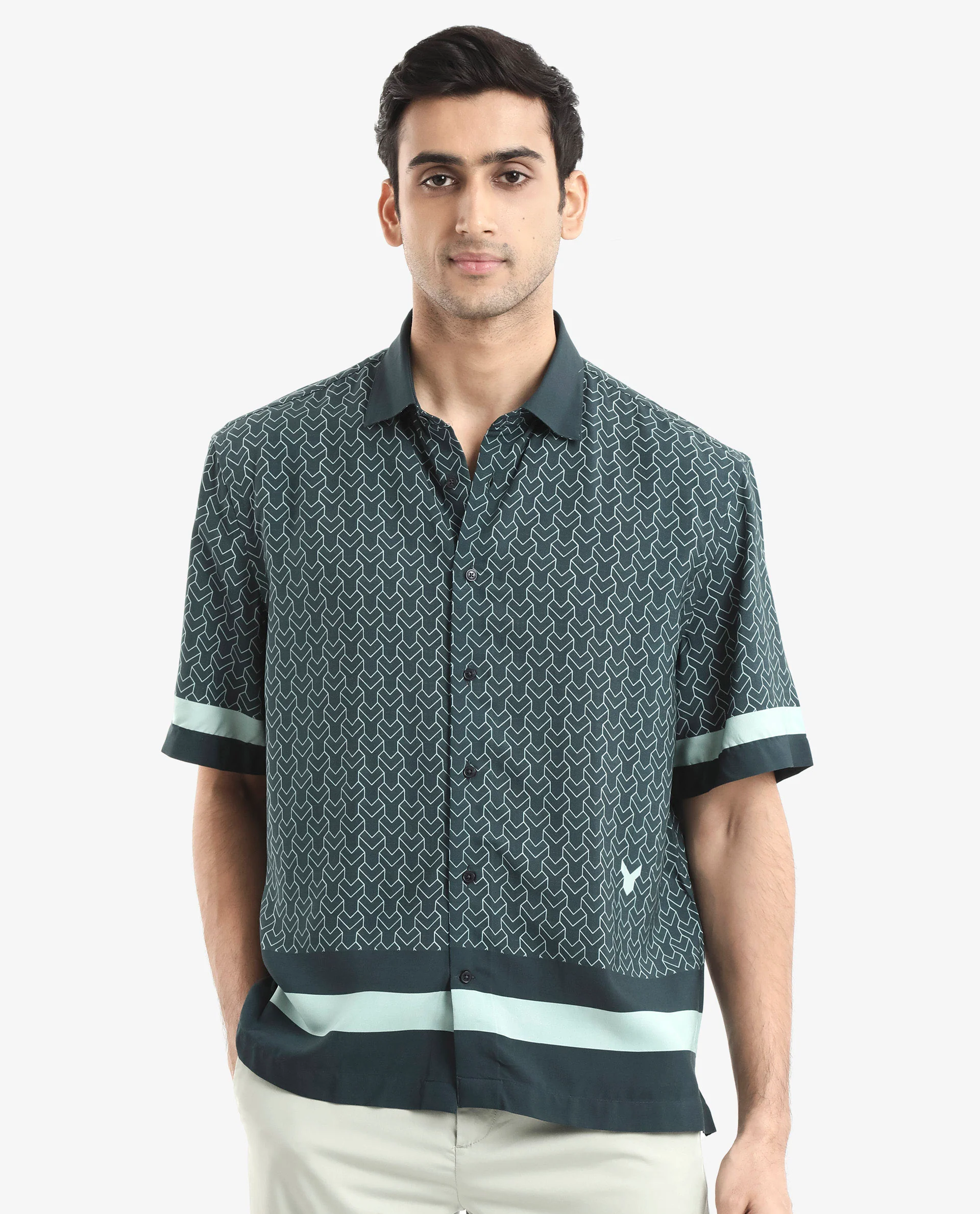 Rare Rabbit Men's Zubi Dark Green Viscose Monogram Print Boxy Fit Half Sleeve Collared Shirt - Image 6