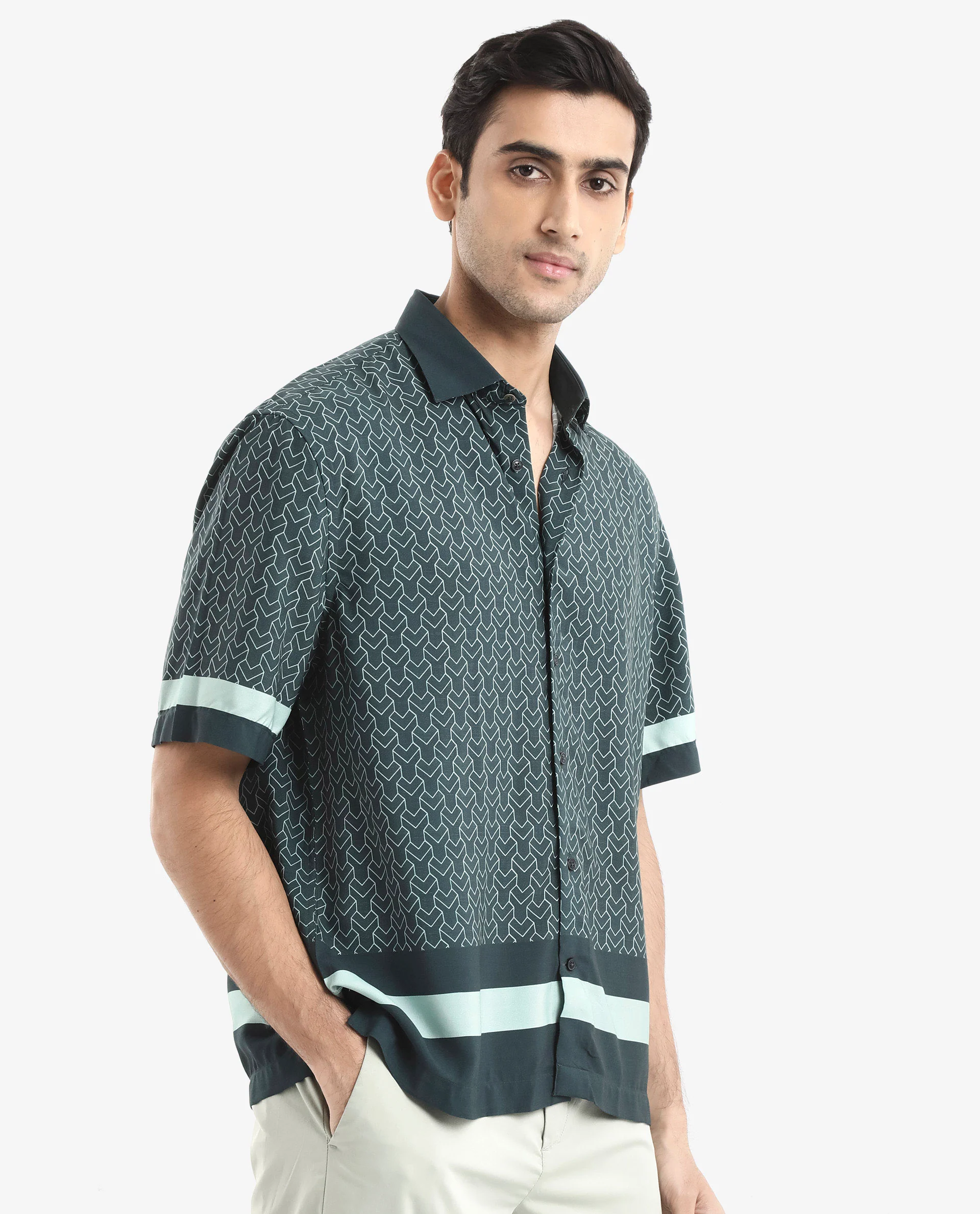 Rare Rabbit Men's Zubi Dark Green Viscose Monogram Print Boxy Fit Half Sleeve Collared Shirt - Image 7