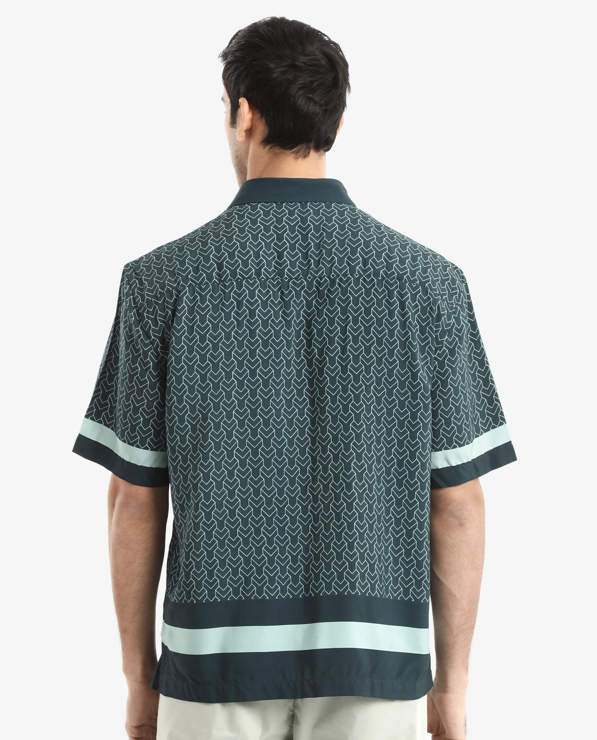 Rare Rabbit Men's Zubi Dark Green Viscose Monogram Print Boxy Fit Half Sleeve Collared Shirt - Image 8