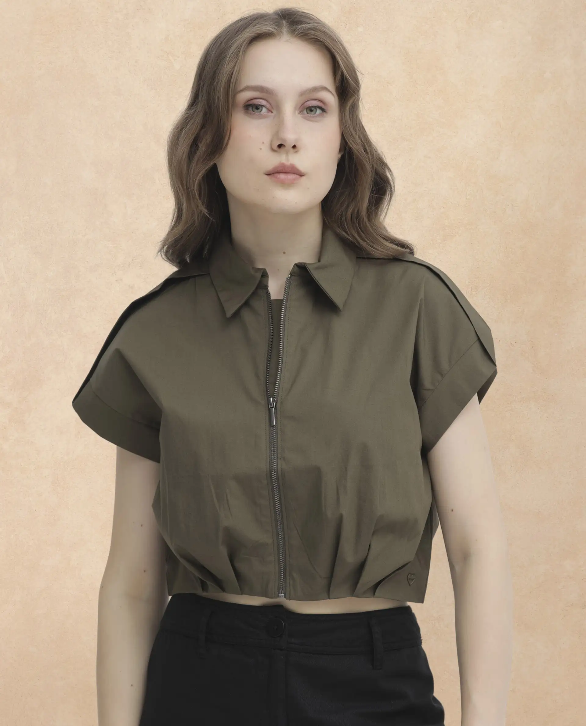 Rareism Women's Zuckery Olive Cotton Blend Drop Collar Plain Extended Sleeves Crop Regular Fit Top