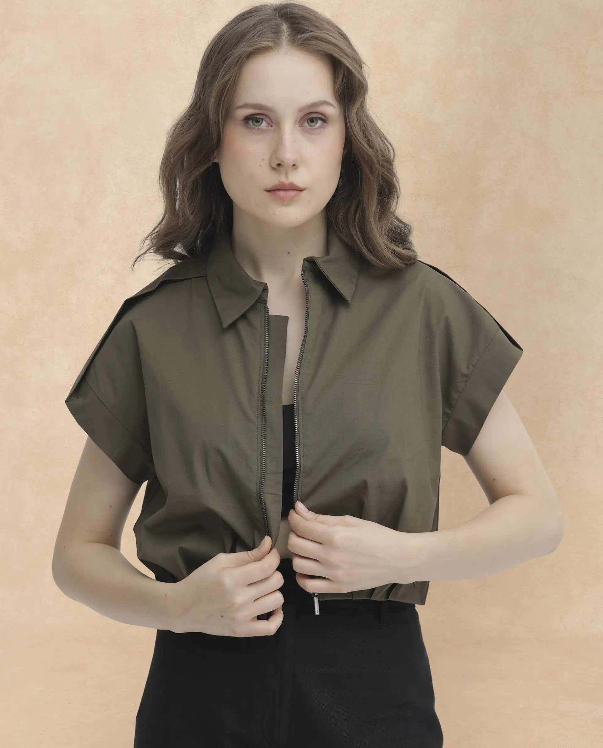 Rareism Women's Zuckery Olive Cotton Blend Drop Collar Plain Extended Sleeves Crop Regular Fit Top - Image 5
