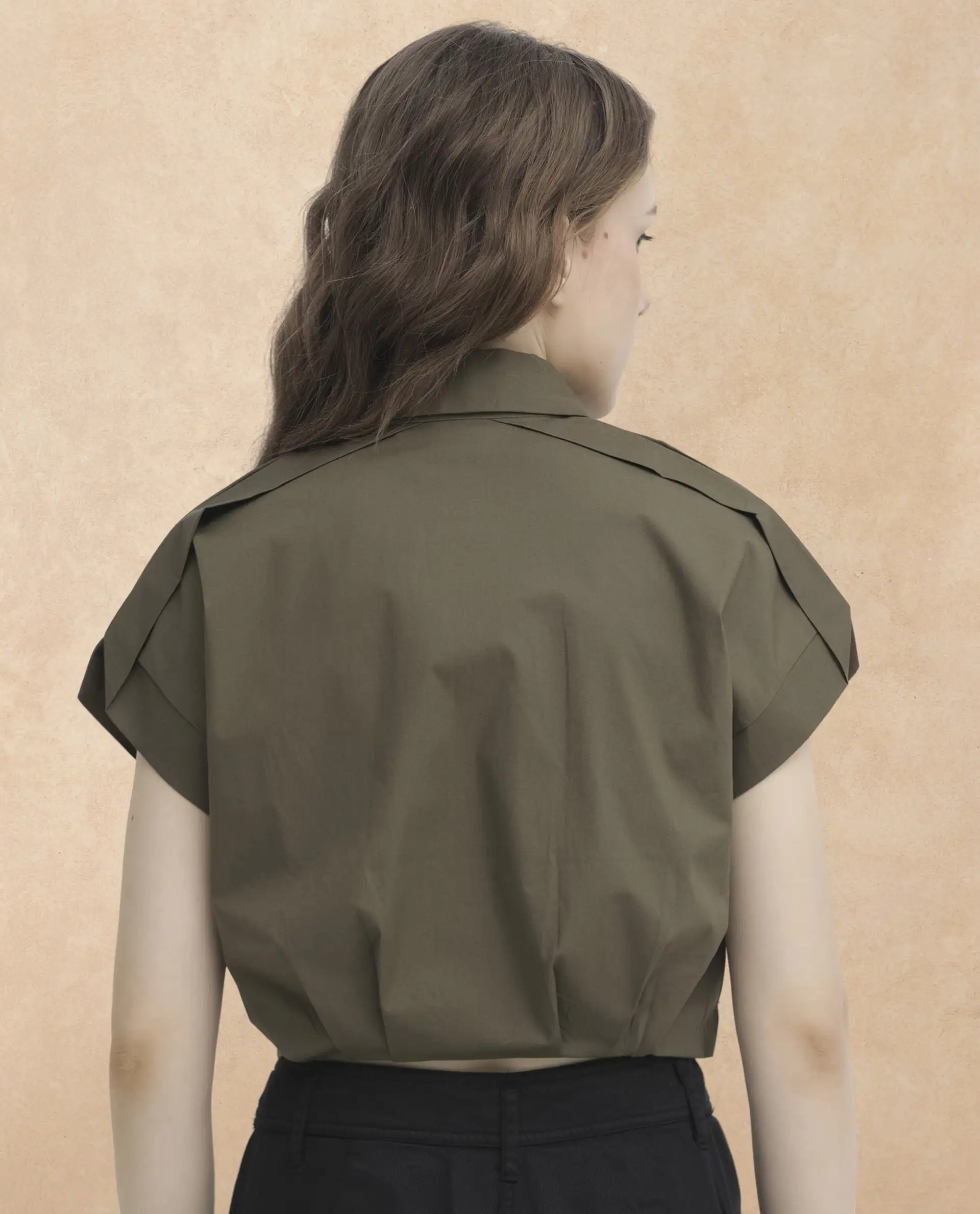 Rareism Women's Zuckery Olive Cotton Blend Drop Collar Plain Extended Sleeves Crop Regular Fit Top - Image 9