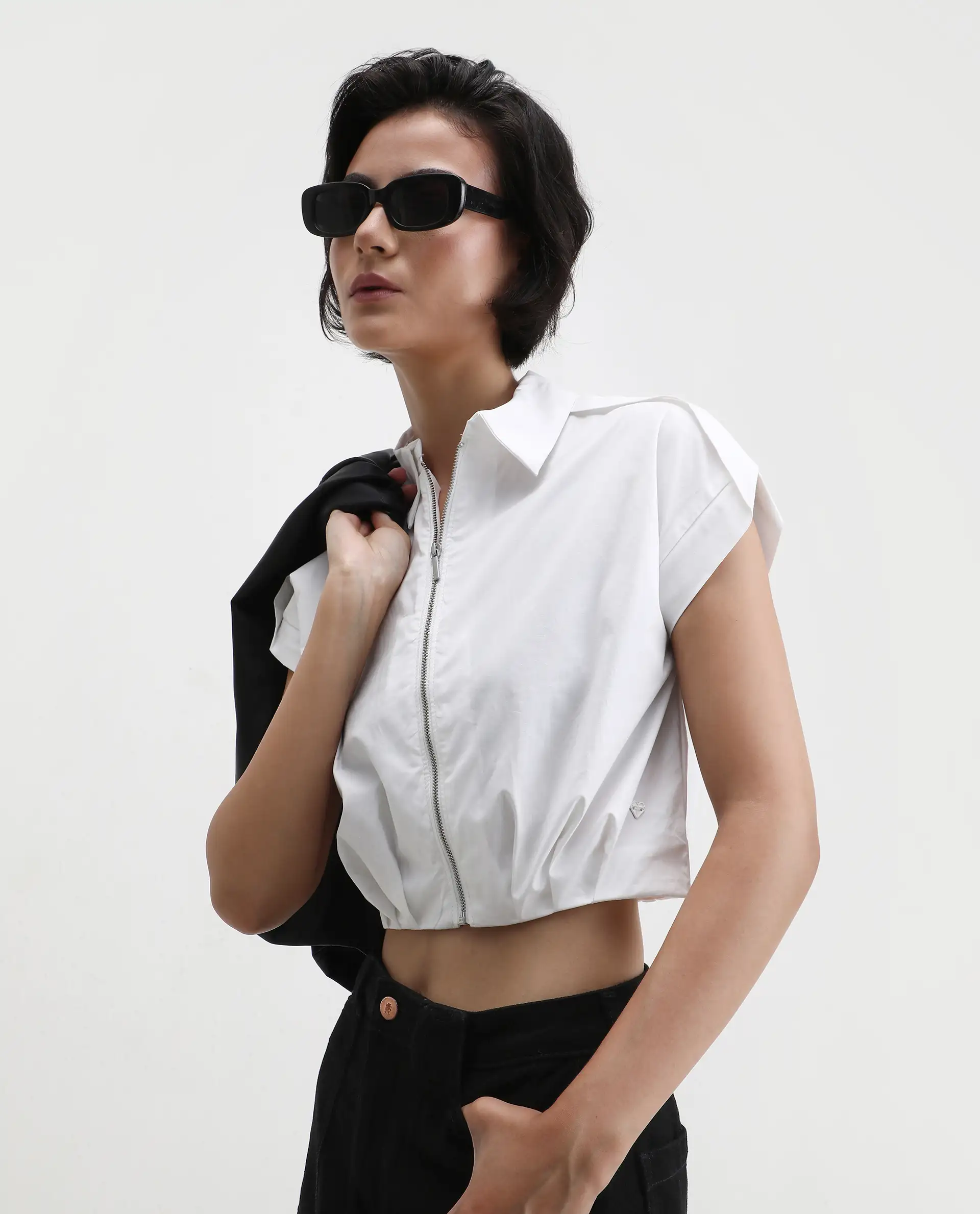 Rareism Women's Zuckery White Cotton Blend Drop Collar Plain Extended Sleeves Crop Regular Fit Top
