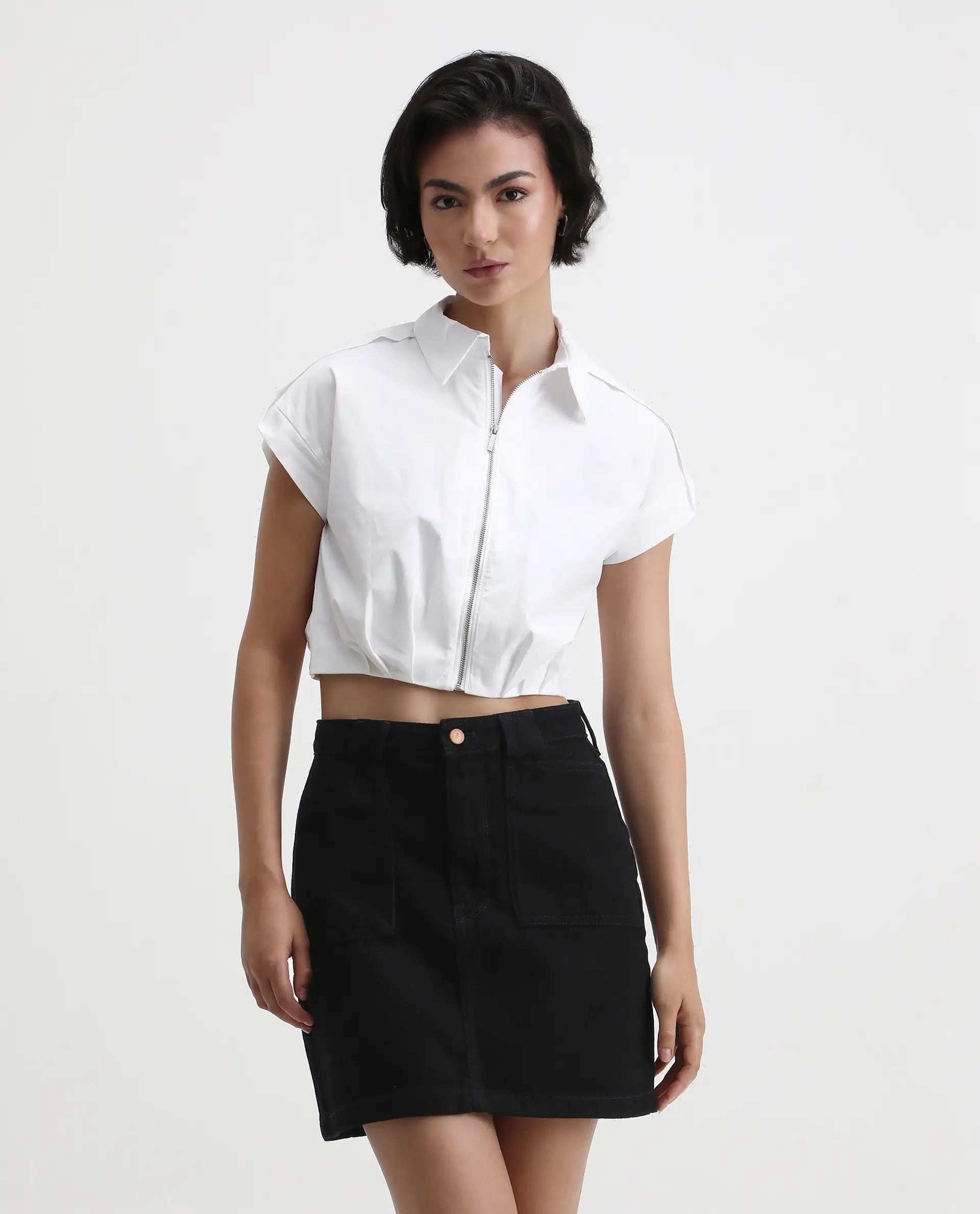 Rareism Women's Zuckery White Cotton Blend Drop Collar Plain Extended Sleeves Crop Regular Fit Top - Image 6