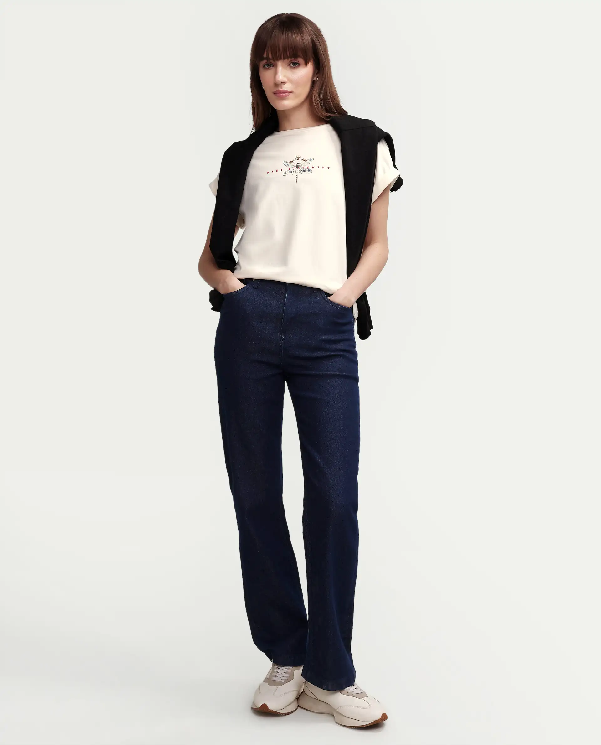 Rareism Women's Zucy Off White Cotton Blend Half Sleeve Relaxed Fit Digital Print T-Shirt - Image 2