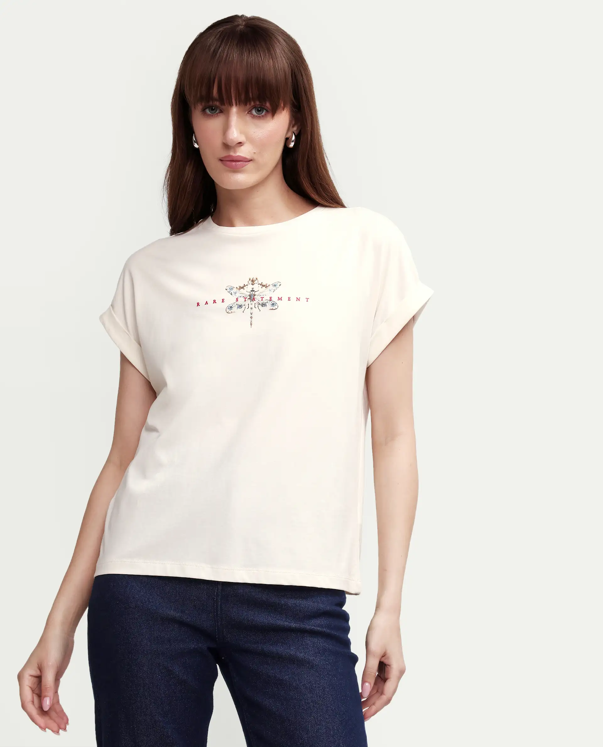 Rareism Women's Zucy Off White Cotton Blend Half Sleeve Relaxed Fit Digital Print T-Shirt - Image 3
