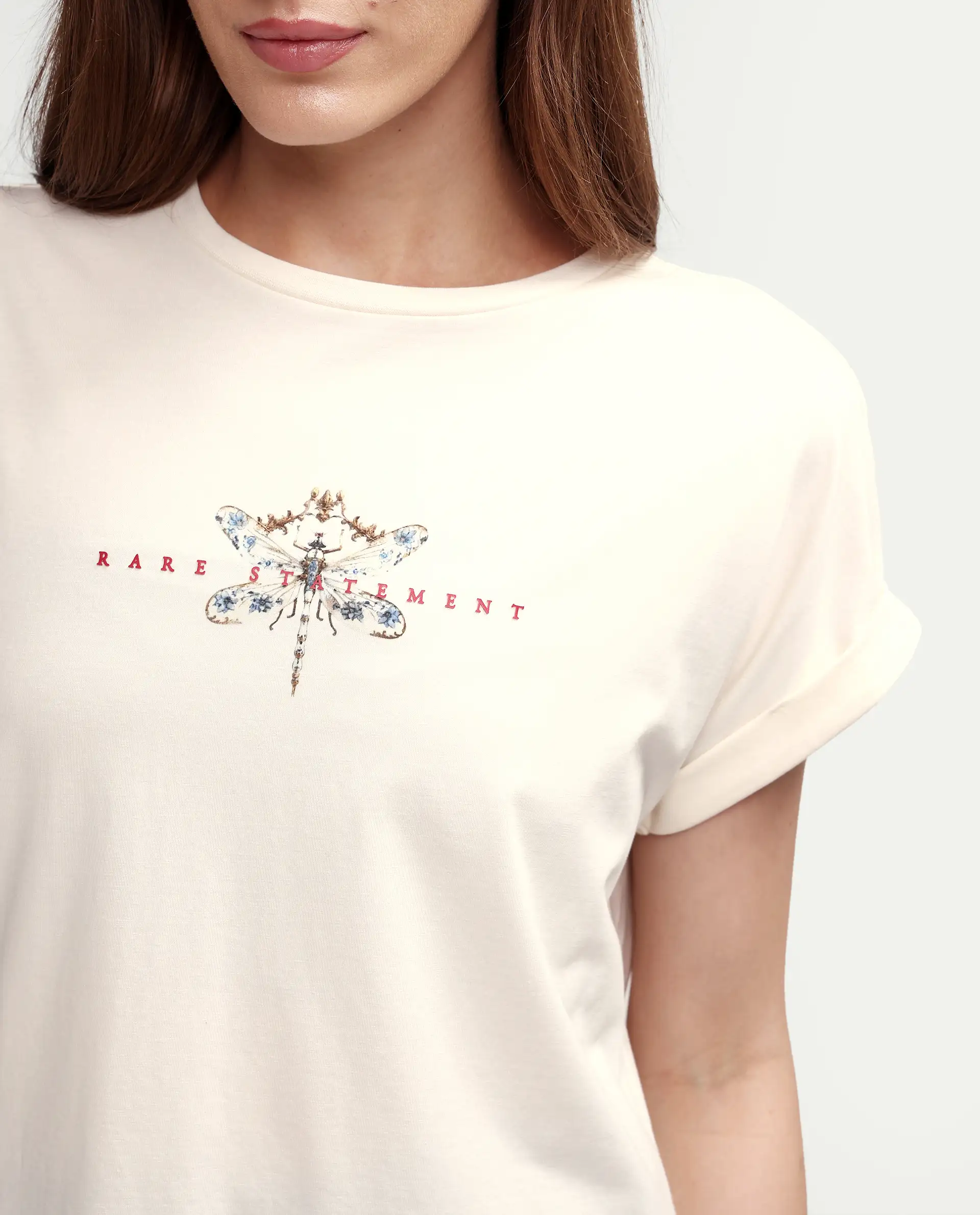 Rareism Women's Zucy Off White Cotton Blend Half Sleeve Relaxed Fit Digital Print T-Shirt - Image 4