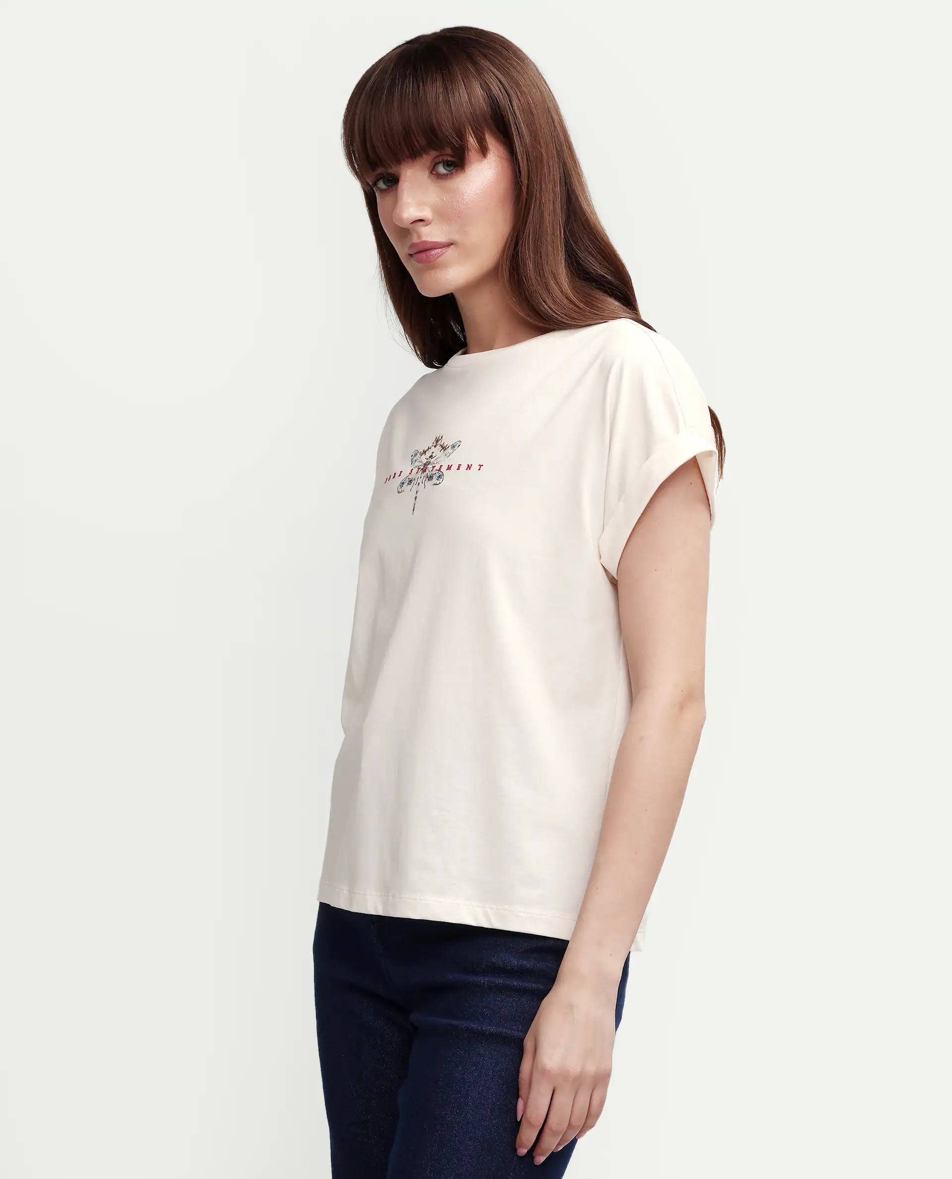 Rareism Women's Zucy Off White Cotton Blend Half Sleeve Relaxed Fit Digital Print T-Shirt - Image 5
