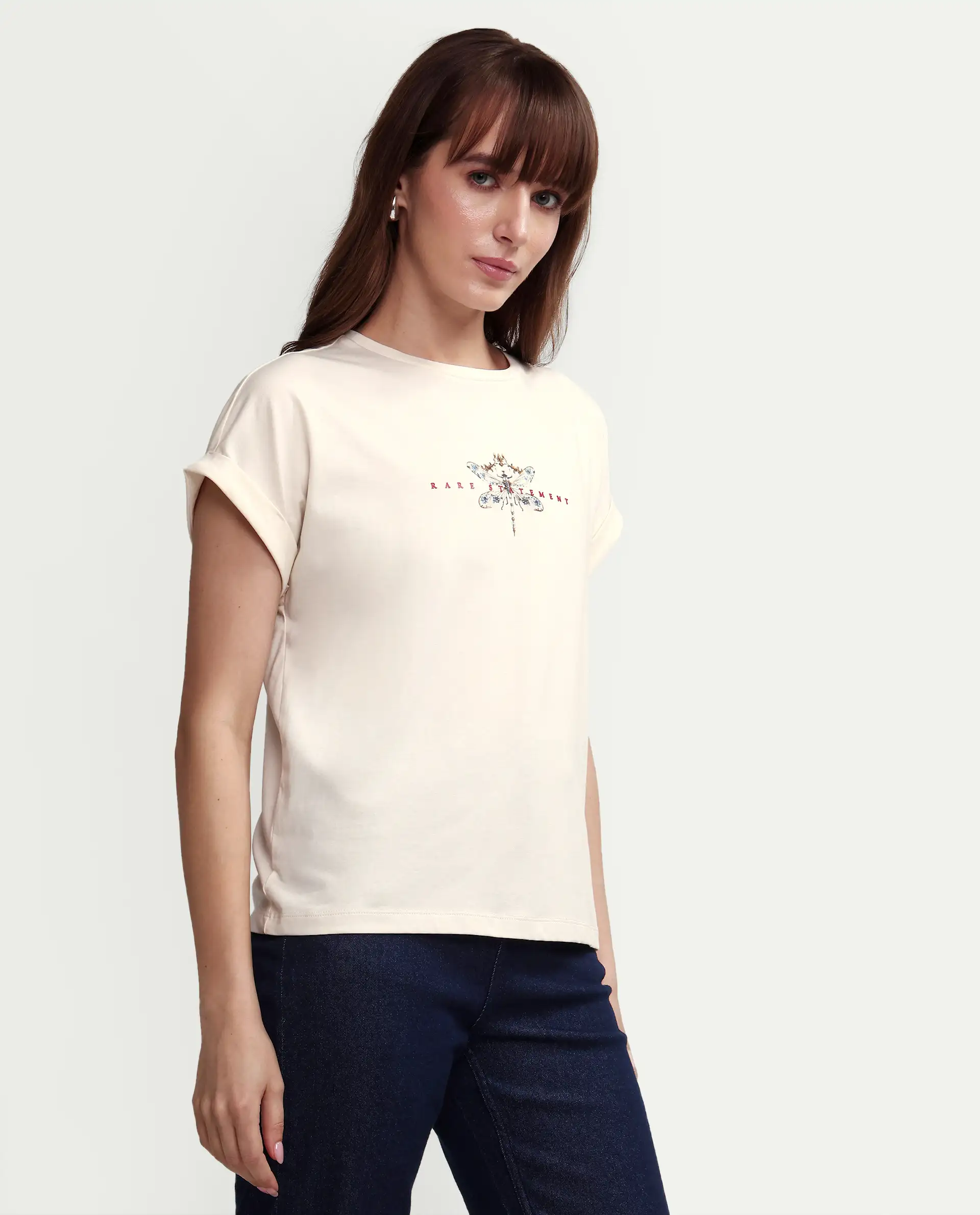 Rareism Women's Zucy Off White Cotton Blend Half Sleeve Relaxed Fit Digital Print T-Shirt - Image 6