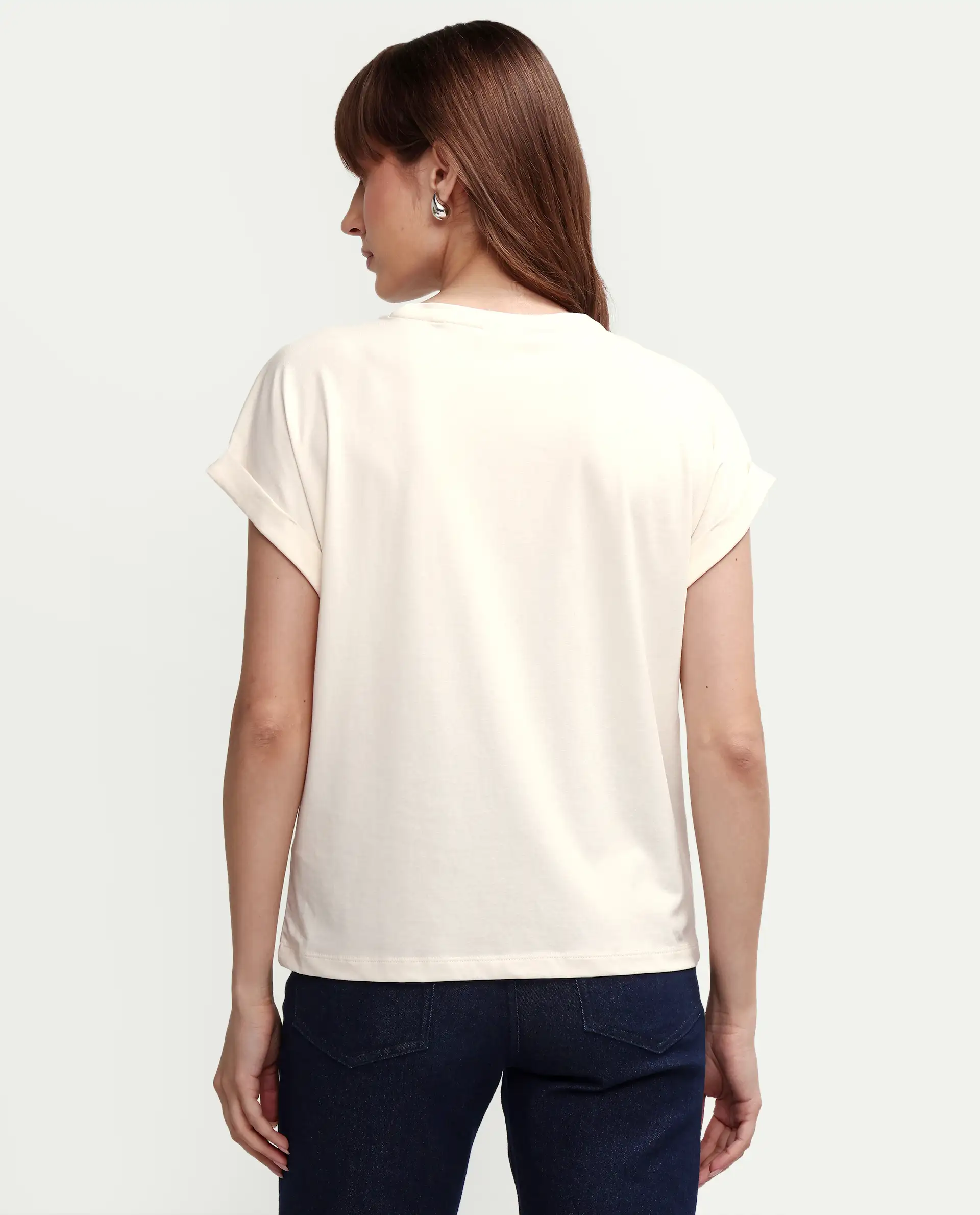 Rareism Women's Zucy Off White Cotton Blend Half Sleeve Relaxed Fit Digital Print T-Shirt - Image 7