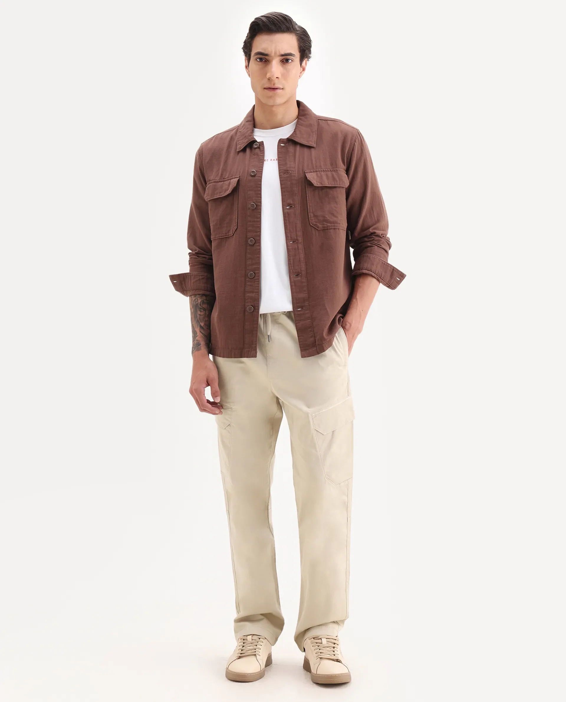 Rare Rabbit Men's Zudi Beige Cotton Plain Regular Fit Trouser