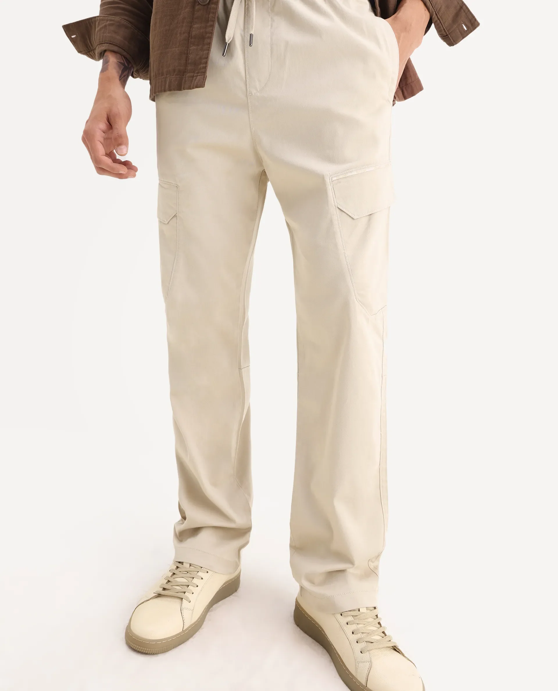 Rare Rabbit Men's Zudi Beige Cotton Plain Regular Fit Trouser - Image 2