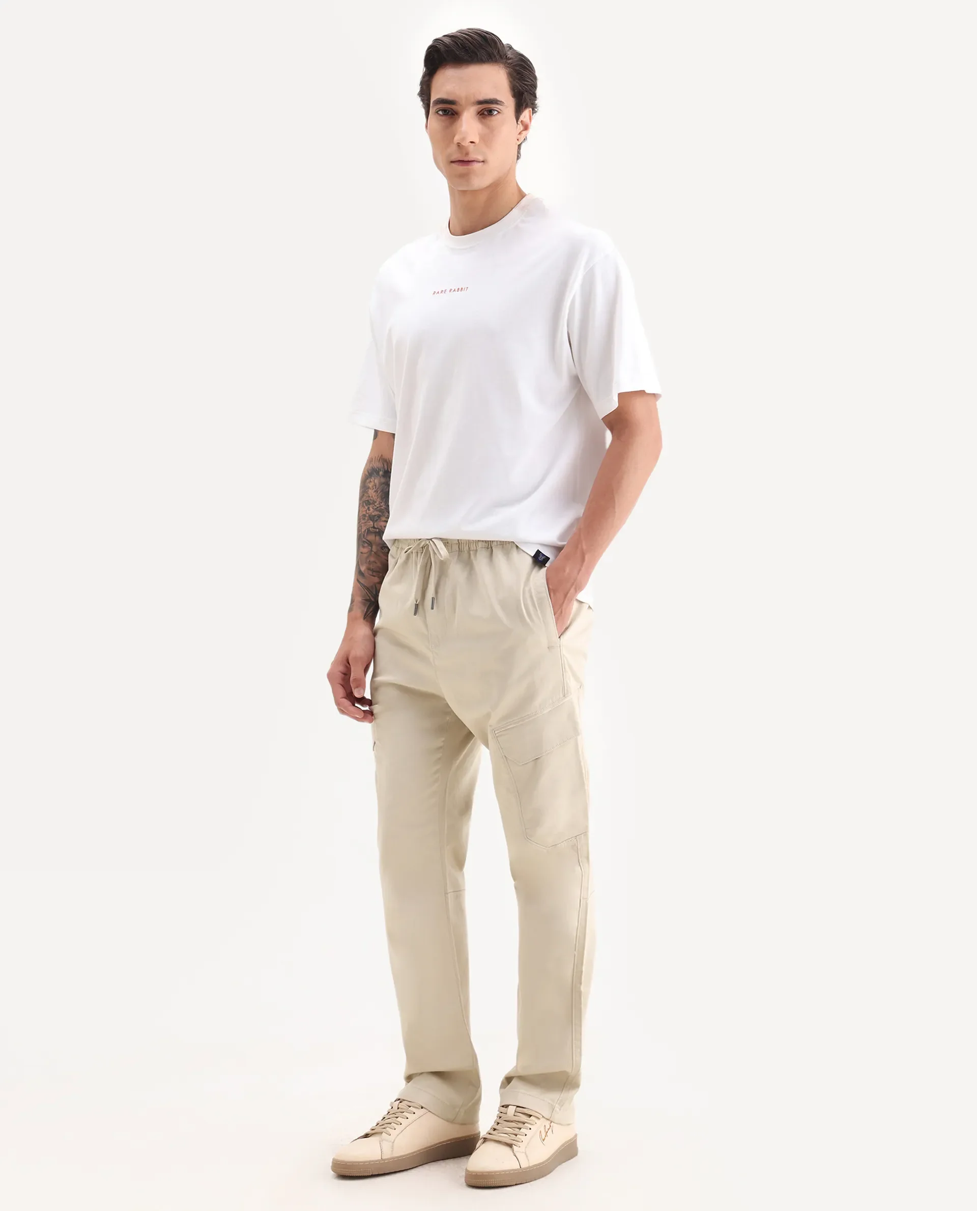 Rare Rabbit Men's Zudi Beige Cotton Plain Regular Fit Trouser - Image 4