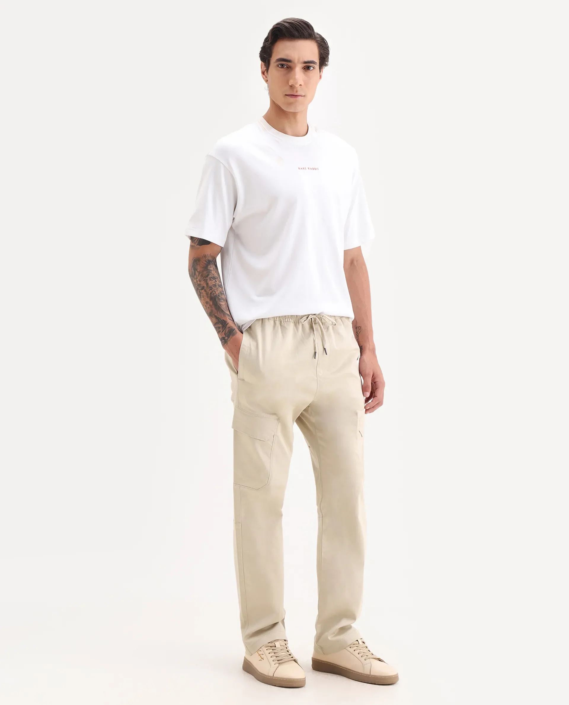 Rare Rabbit Men's Zudi Beige Cotton Plain Regular Fit Trouser - Image 5