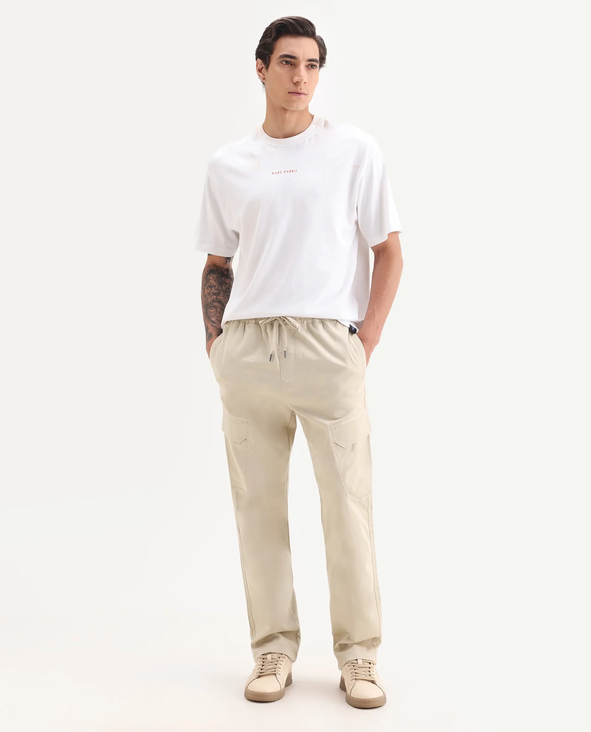 Rare Rabbit Men's Zudi Beige Cotton Plain Regular Fit Trouser - Image 7