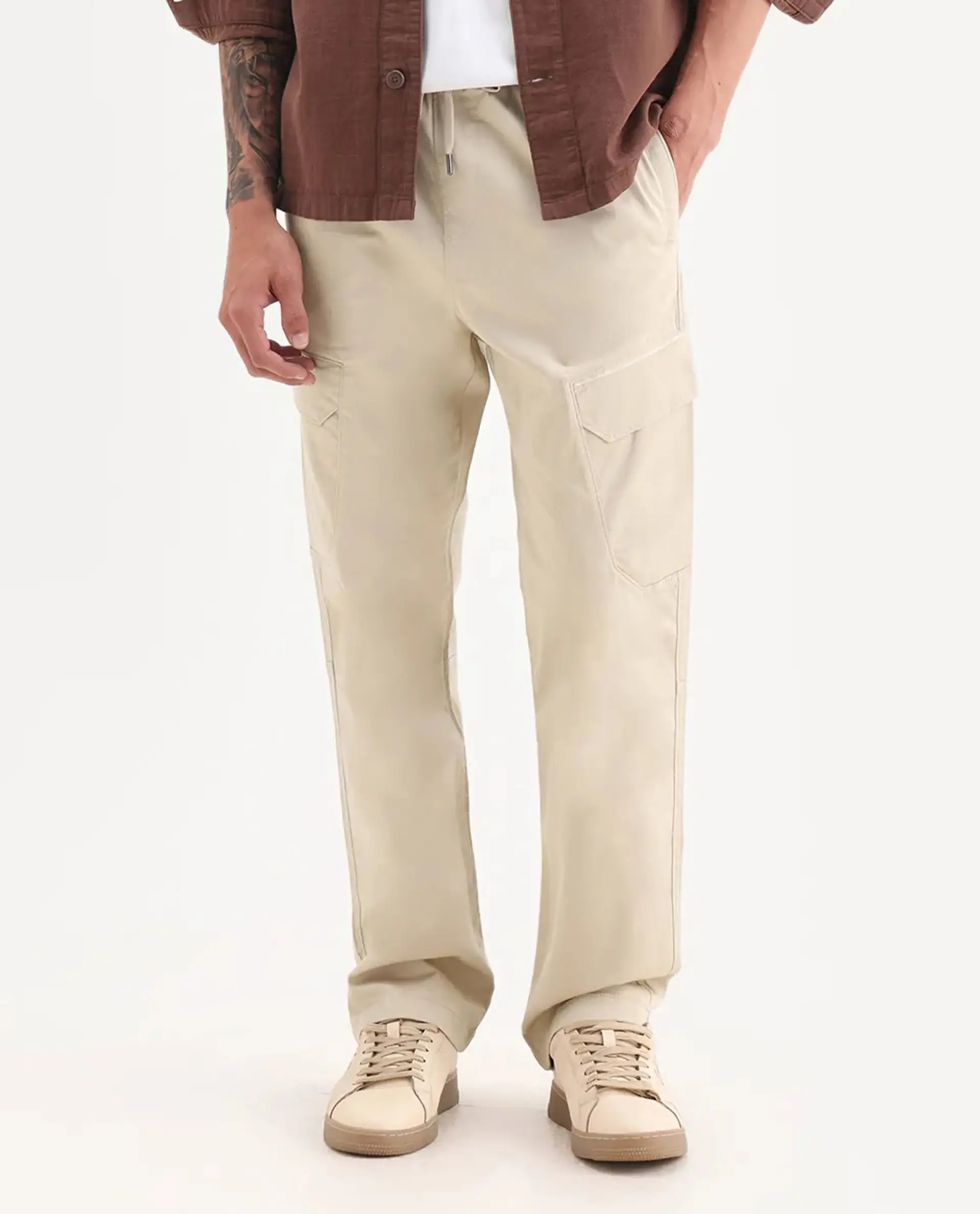 Rare Rabbit Men's Zudi Beige Cotton Plain Regular Fit Trouser - Image 9