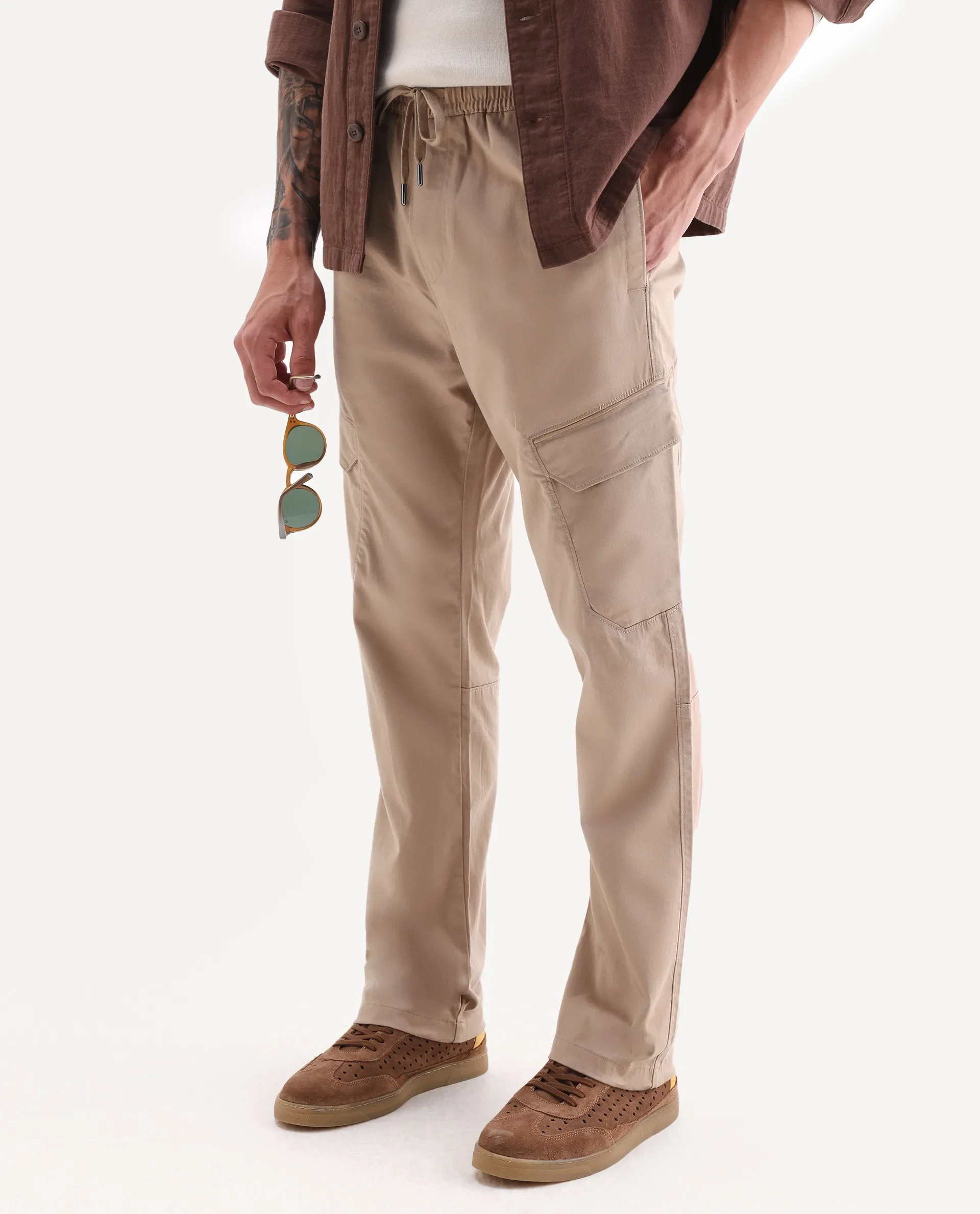 Rare Rabbit Men's Zudi Light Brown Cotton Plain Regular Fit Trouser - Image 2