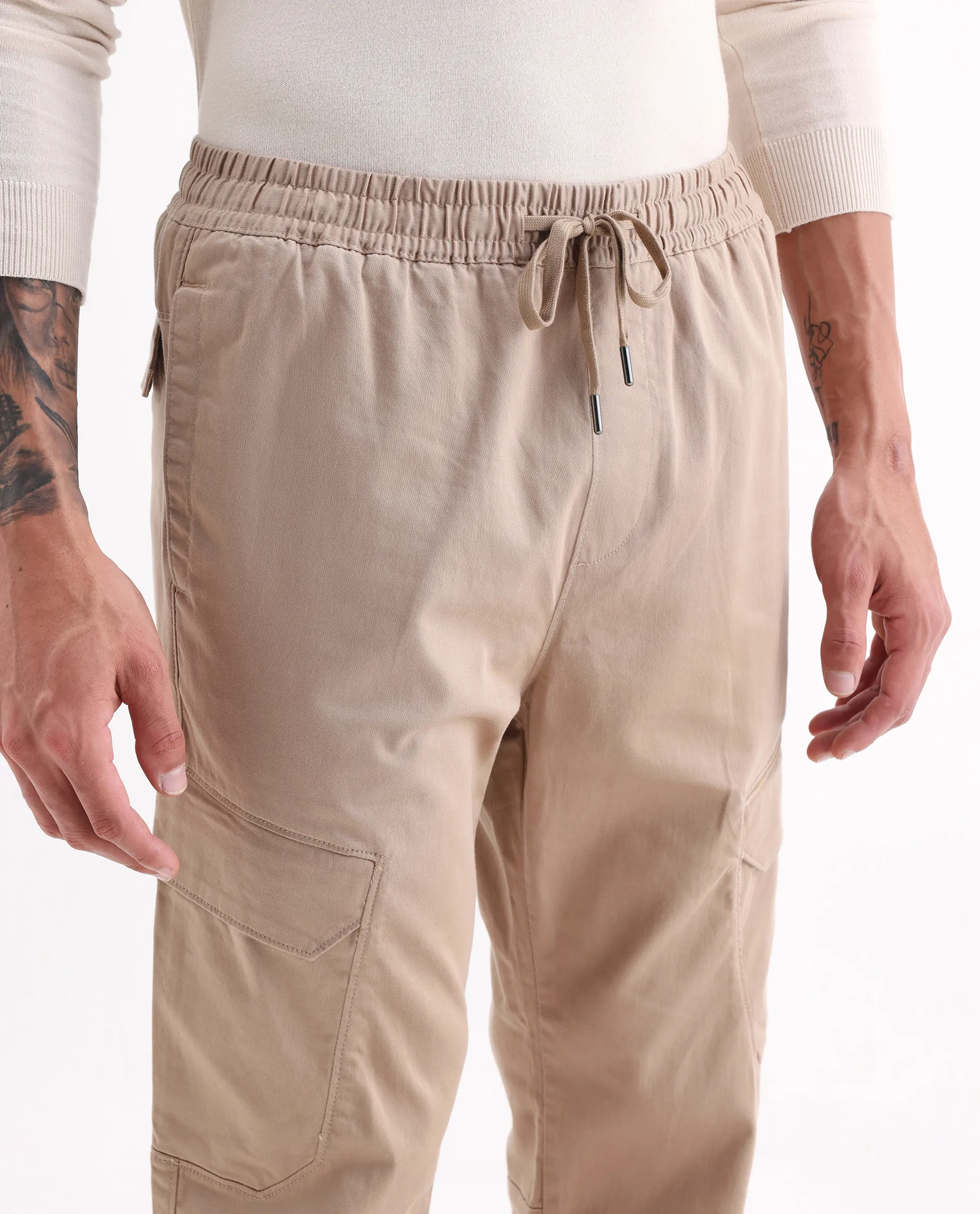 Rare Rabbit Men's Zudi Light Brown Cotton Plain Regular Fit Trouser - Image 3