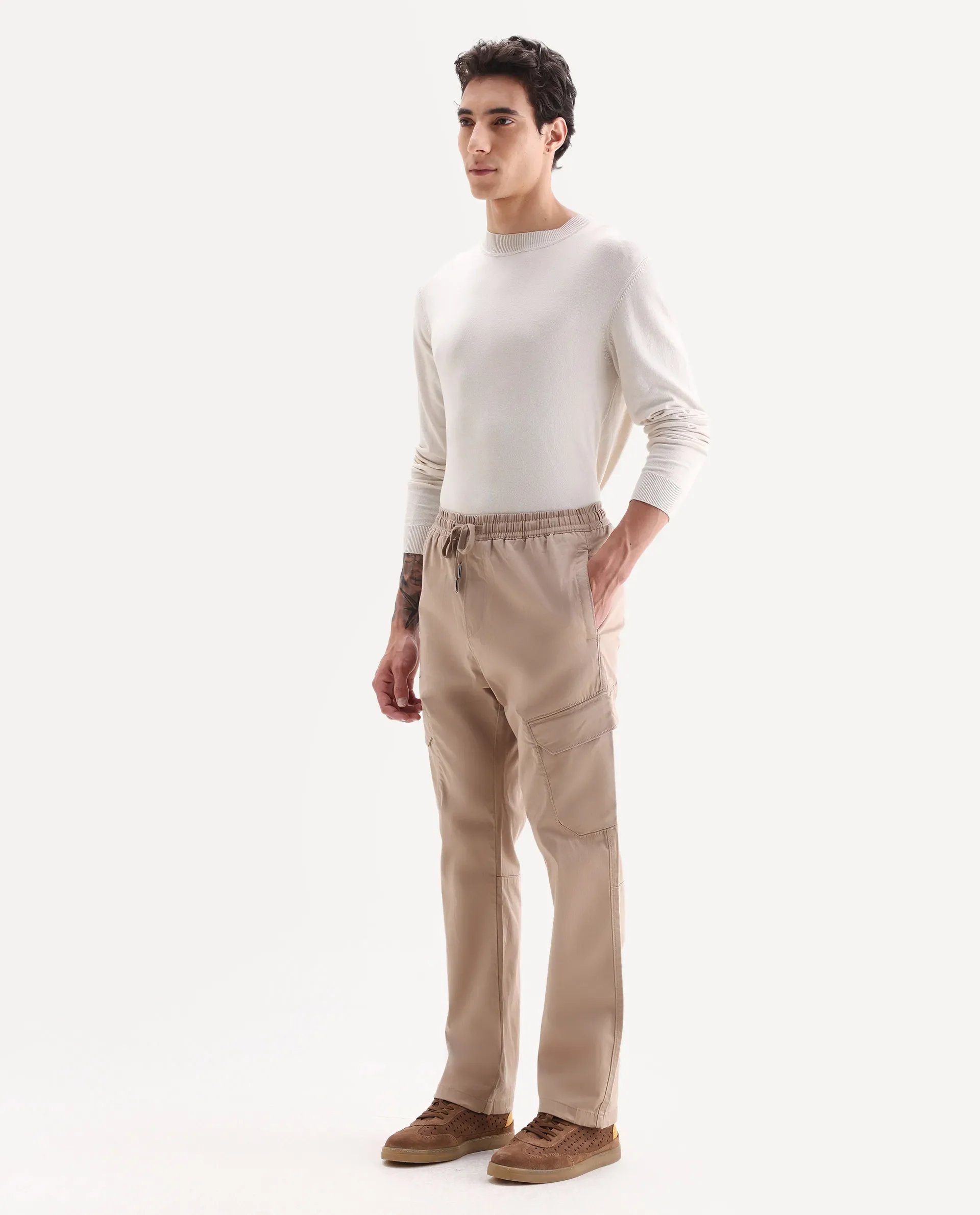 Rare Rabbit Men's Zudi Light Brown Cotton Plain Regular Fit Trouser - Image 4