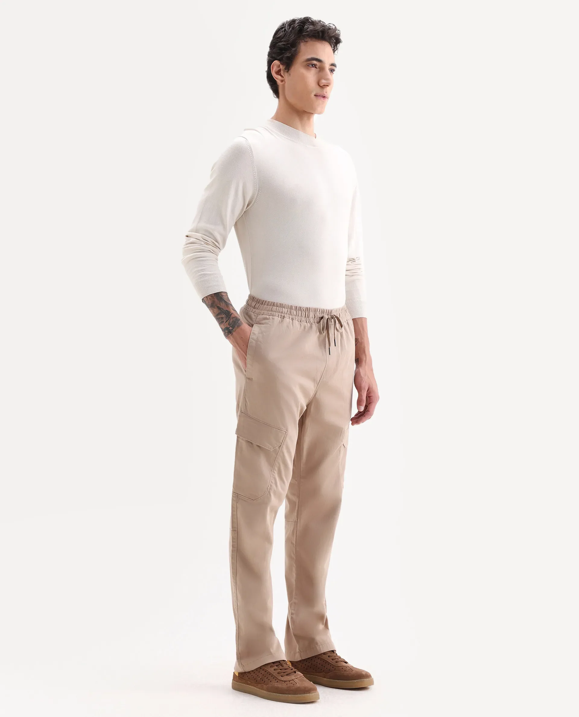 Rare Rabbit Men's Zudi Light Brown Cotton Plain Regular Fit Trouser - Image 5