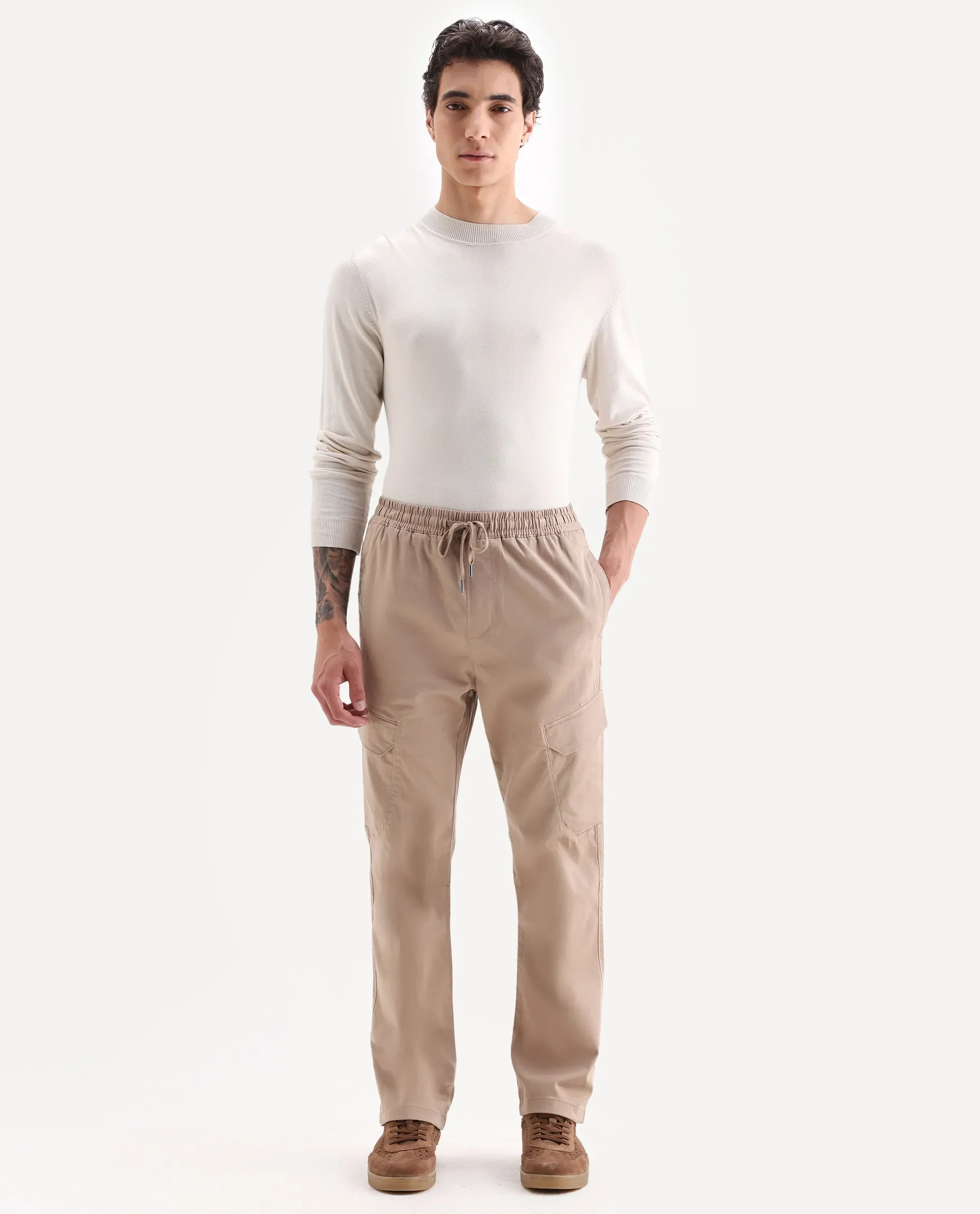Rare Rabbit Men's Zudi Light Brown Cotton Plain Regular Fit Trouser - Image 7
