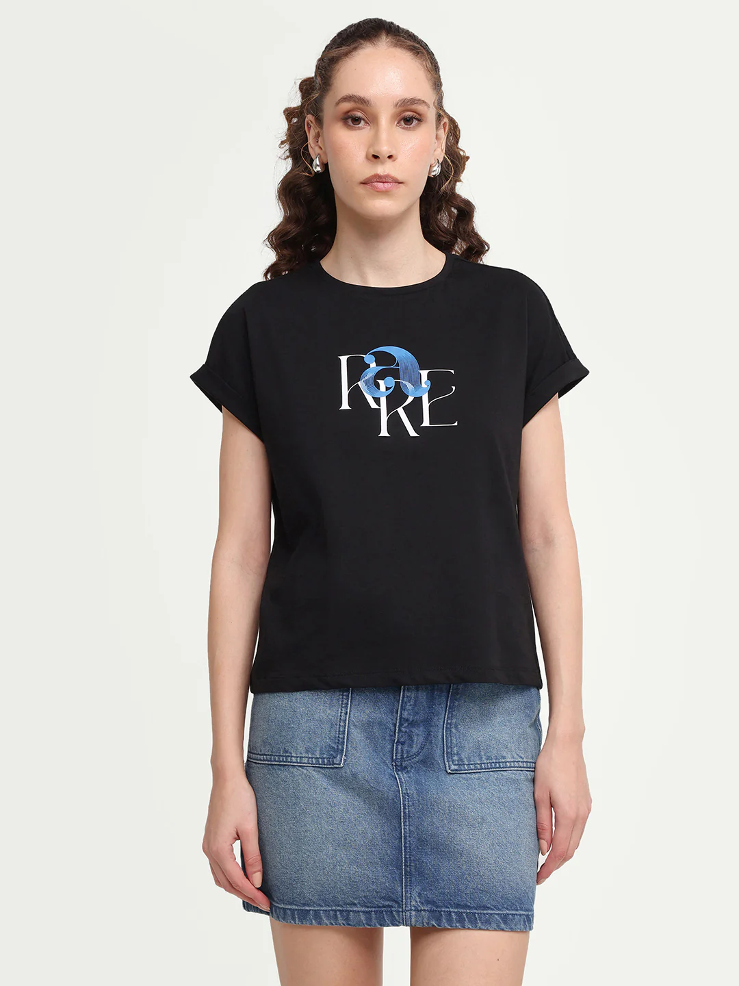Rareism Women's Zue Black Cotton Crew Neck Pull-On Relaxed Typography Print T-Shirt - Image 3