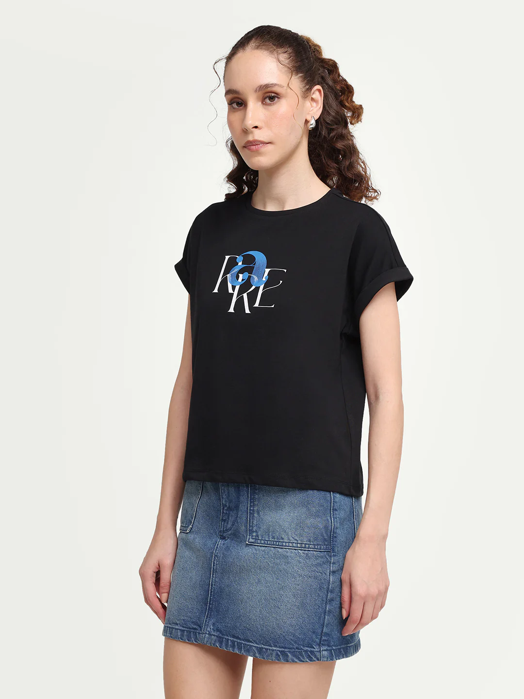 Rareism Women's Zue Black Cotton Crew Neck Pull-On Relaxed Typography Print T-Shirt - Image 5
