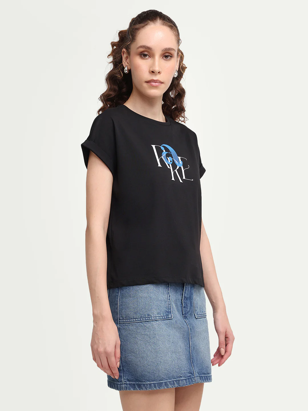 Rareism Women's Zue Black Cotton Crew Neck Pull-On Relaxed Typography Print T-Shirt - Image 6
