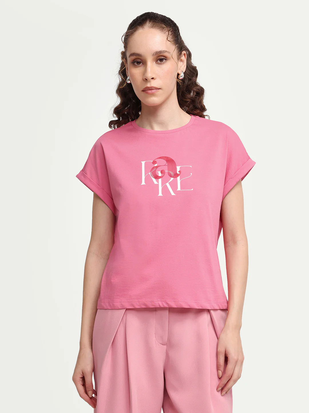 Rareism Women's Zue Pink Cotton Crew Neck Pull-On Relaxed Typography Print T-Shirt - Image 4