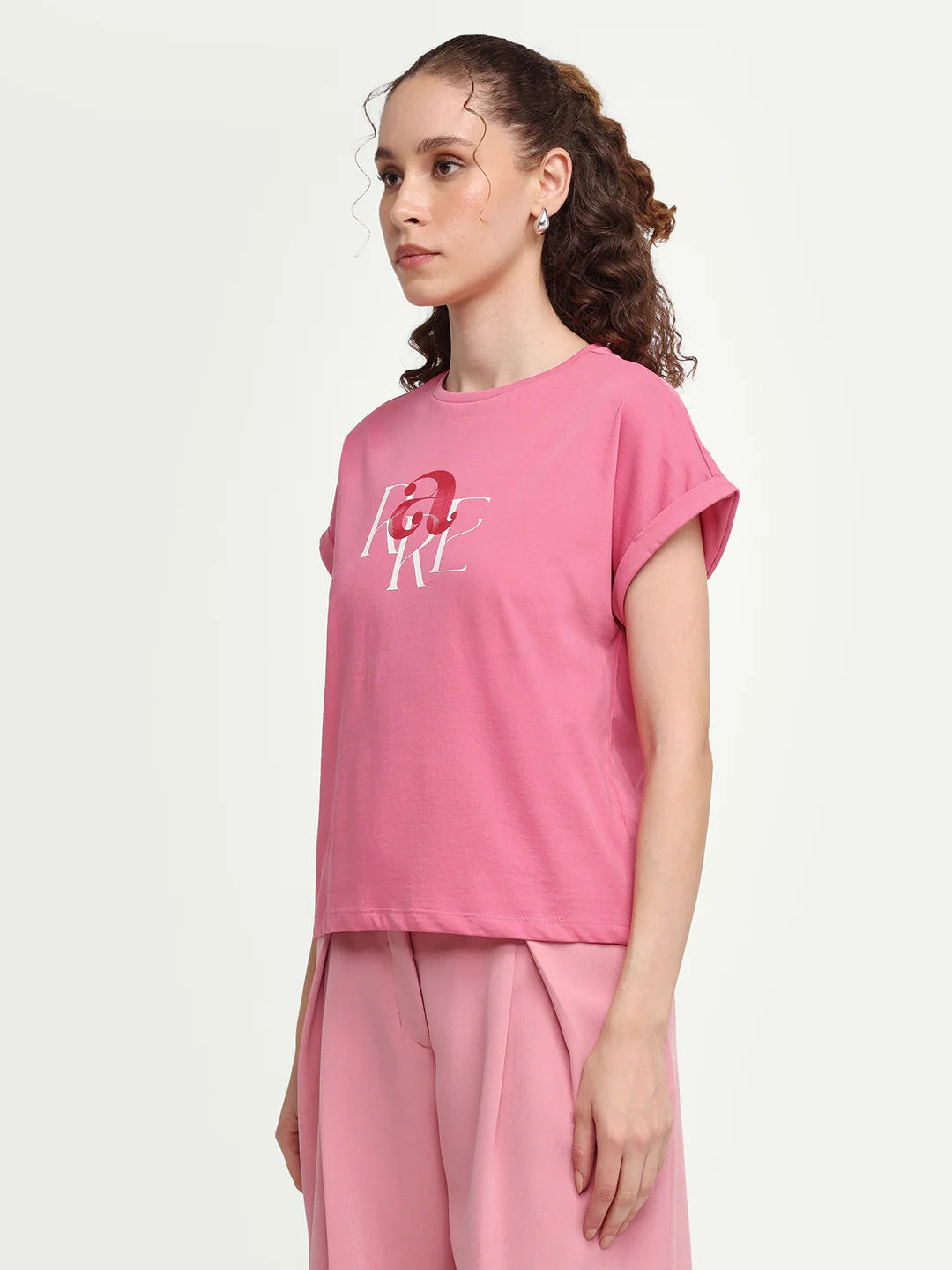 Rareism Women's Zue Pink Cotton Crew Neck Pull-On Relaxed Typography Print T-Shirt - Image 5