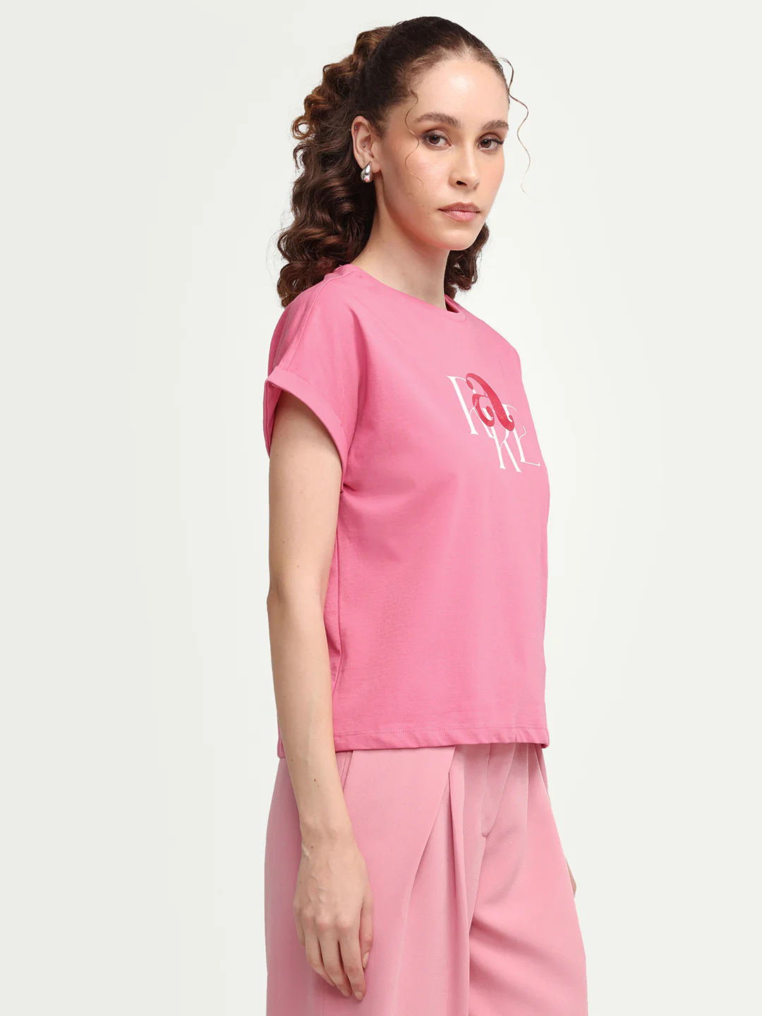 Rareism Women's Zue Pink Cotton Crew Neck Pull-On Relaxed Typography Print T-Shirt - Image 6