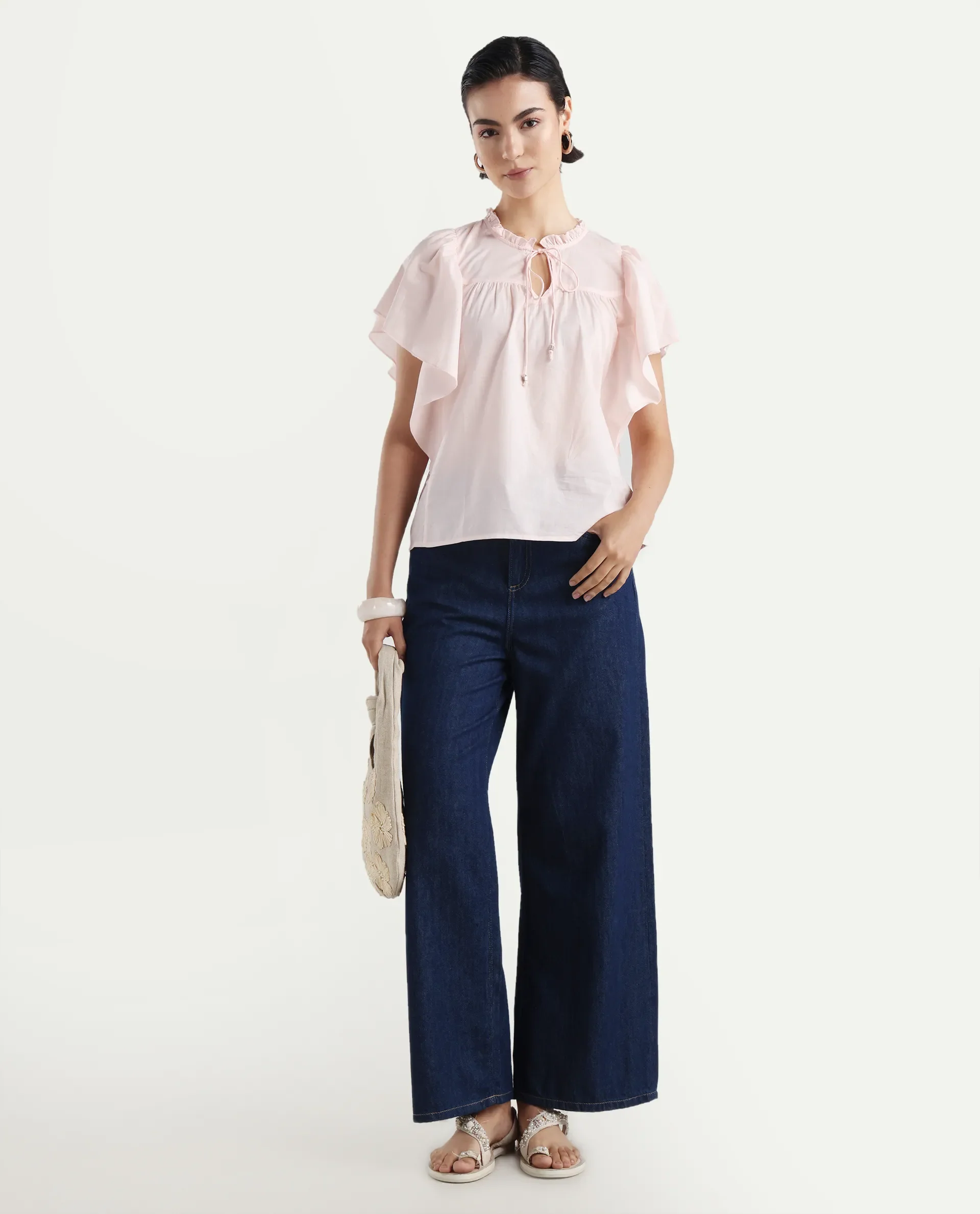 Rareism Women's Zues Pink Cotton Tie-Up Neck Plain Ruffled Sleeve Relaxed Fit Top - Image 2