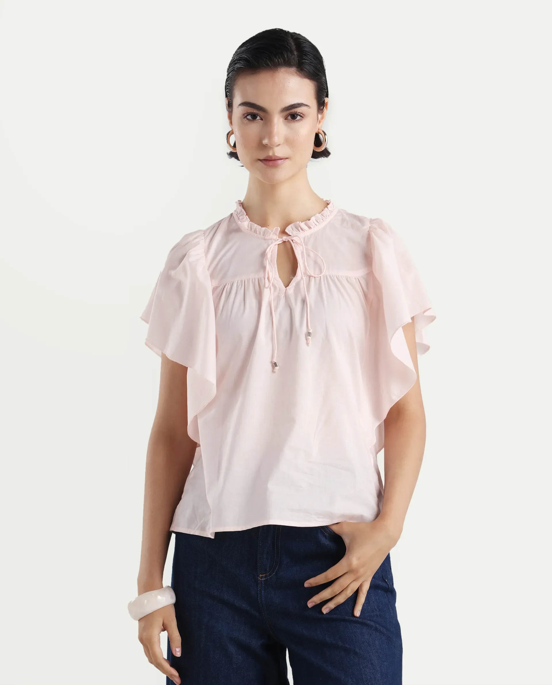 Rareism Women's Zues Pink Cotton Tie-Up Neck Plain Ruffled Sleeve Relaxed Fit Top - Image 3