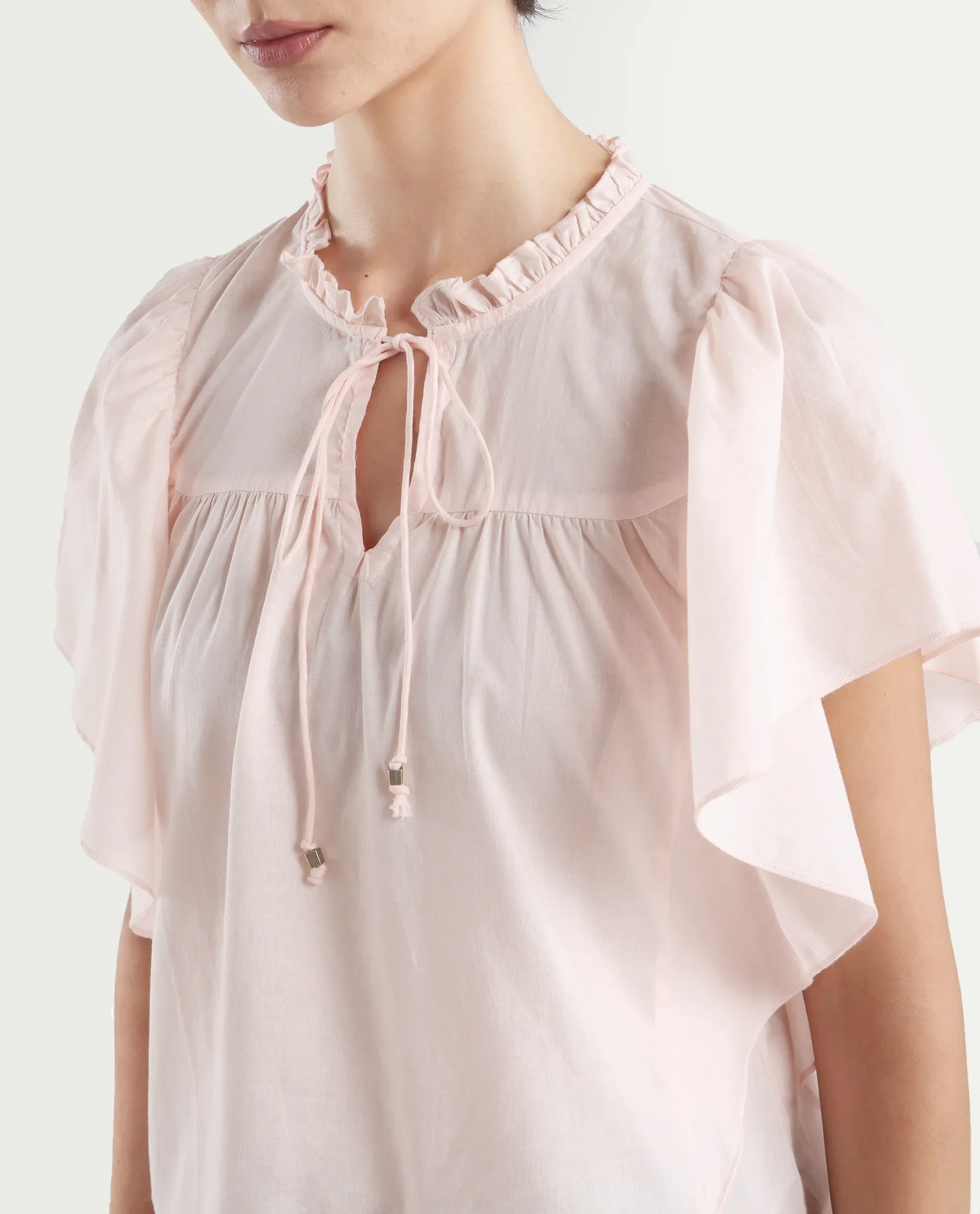 Rareism Women's Zues Pink Cotton Tie-Up Neck Plain Ruffled Sleeve Relaxed Fit Top - Image 4