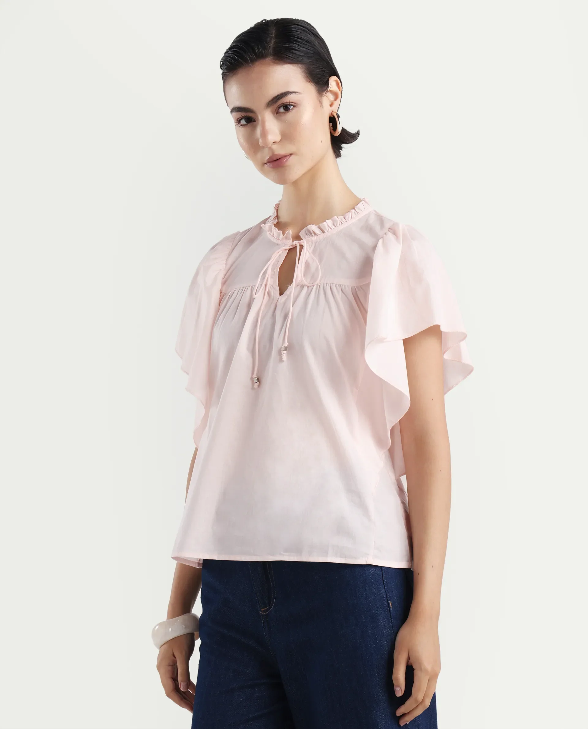 Rareism Women's Zues Pink Cotton Tie-Up Neck Plain Ruffled Sleeve Relaxed Fit Top - Image 5