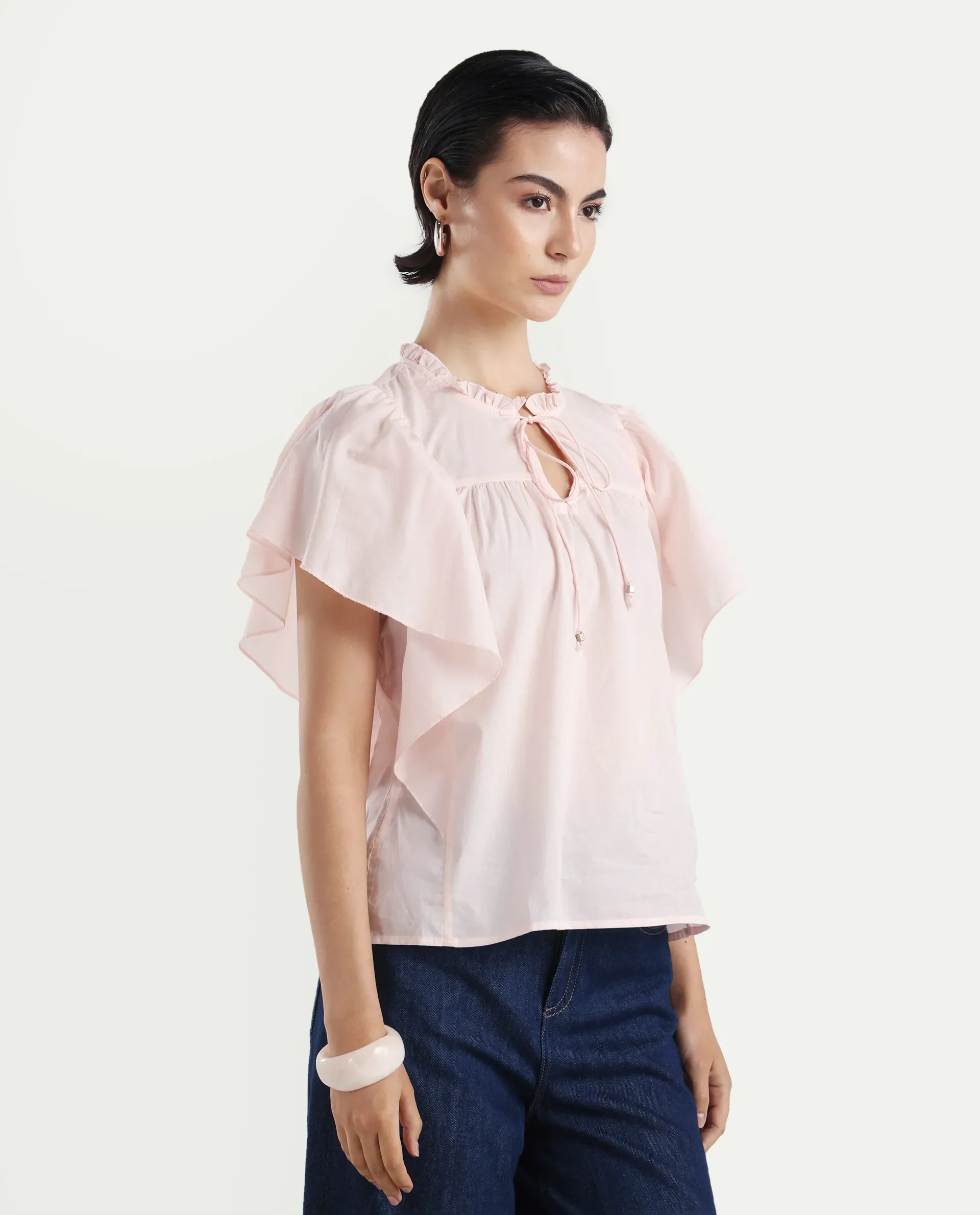 Rareism Women's Zues Pink Cotton Tie-Up Neck Plain Ruffled Sleeve Relaxed Fit Top - Image 6