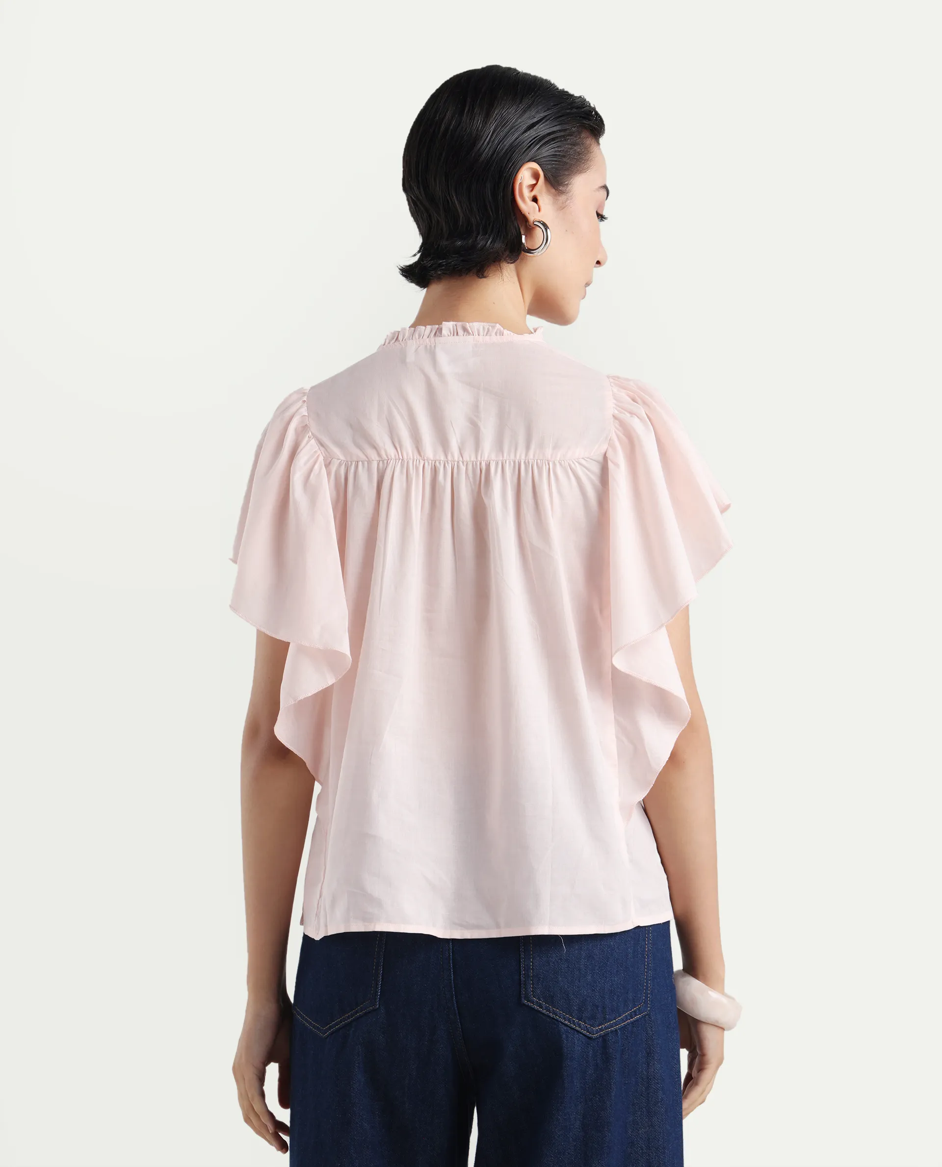 Rareism Women's Zues Pink Cotton Tie-Up Neck Plain Ruffled Sleeve Relaxed Fit Top - Image 7