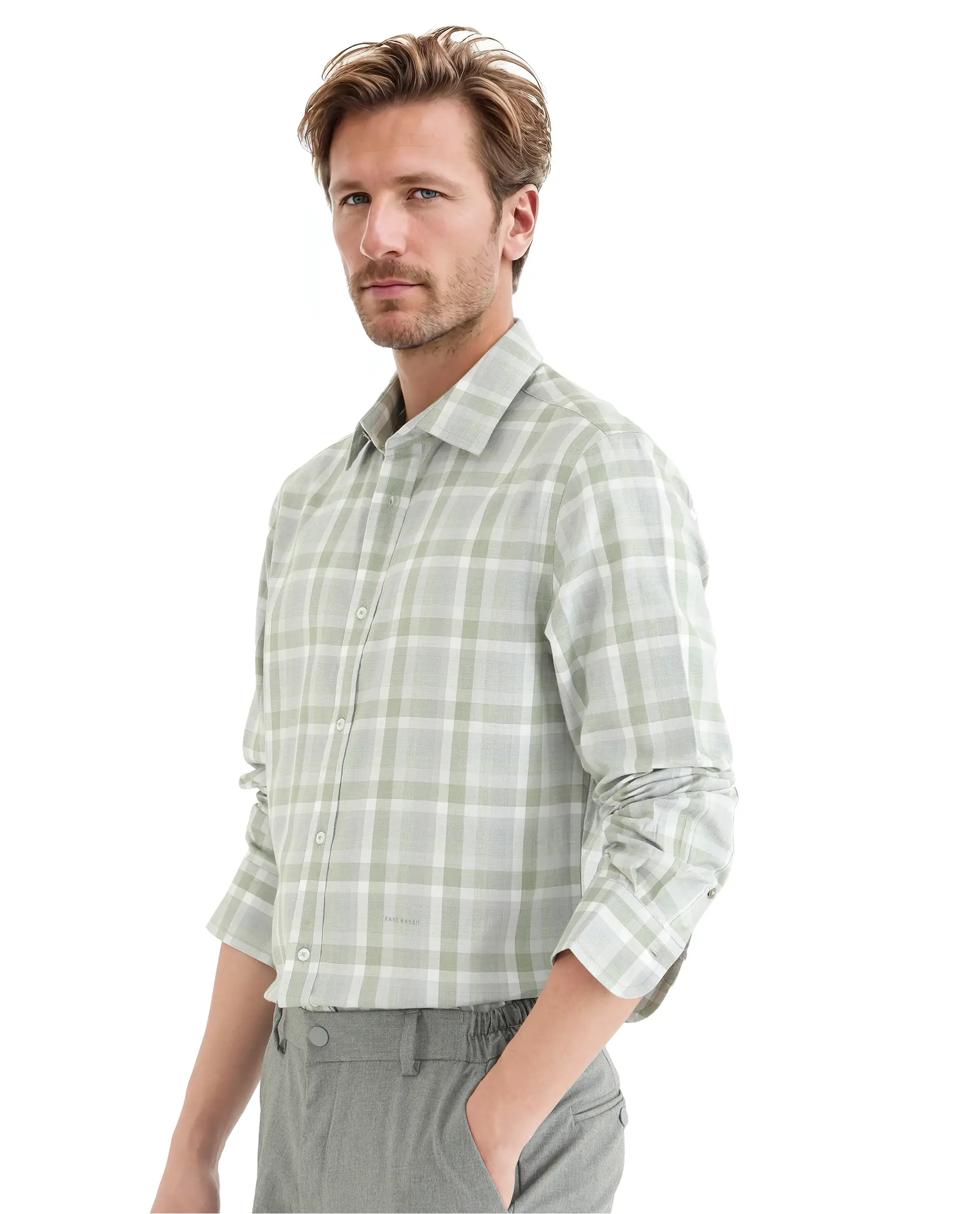 Rare Rabbit Men's Zujo Pastel Green Cotton Blend Checked Print Regular Fit Full Sleeve Collared Shirt - Image 4