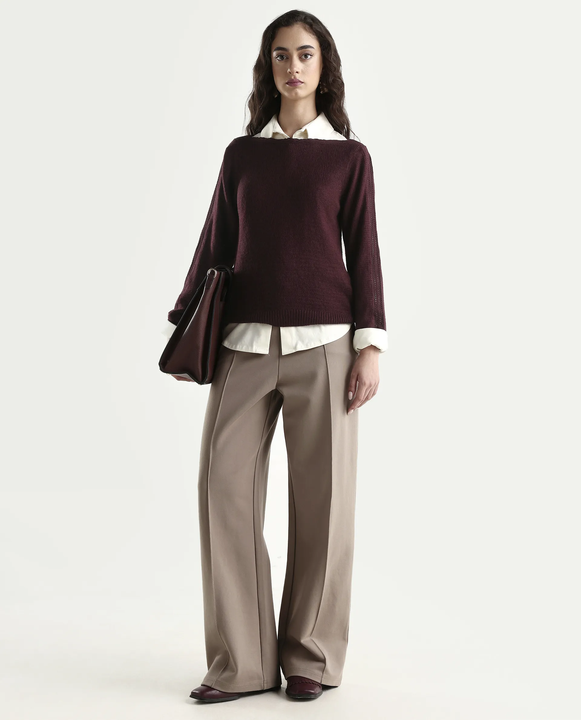 Rareism Women's Zula Dark Maroon Acrylic Blend Boat Neck Relaxed Fit Plain Sweater - Image 2