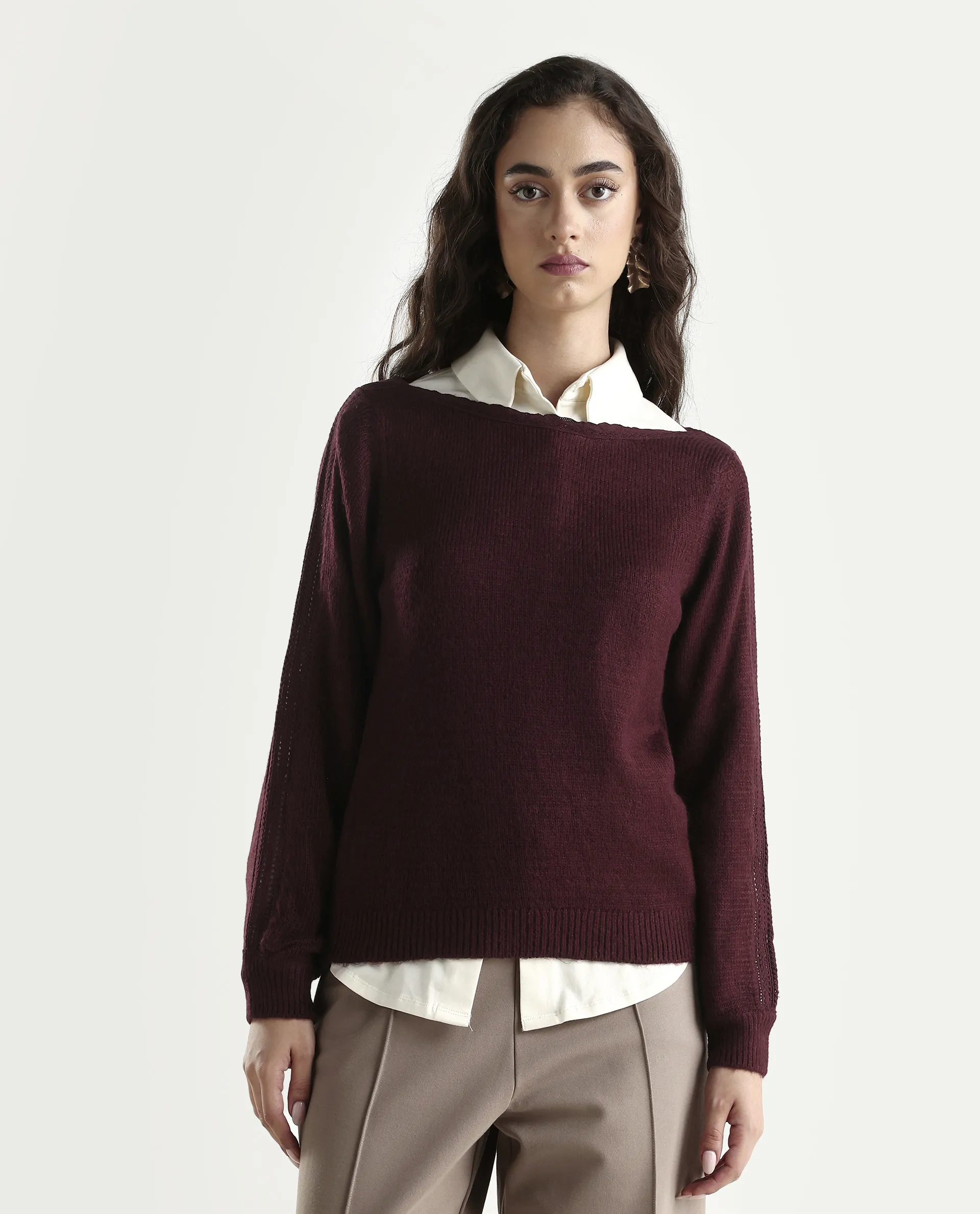 Rareism Women's Zula Dark Maroon Acrylic Blend Boat Neck Relaxed Fit Plain Sweater - Image 3