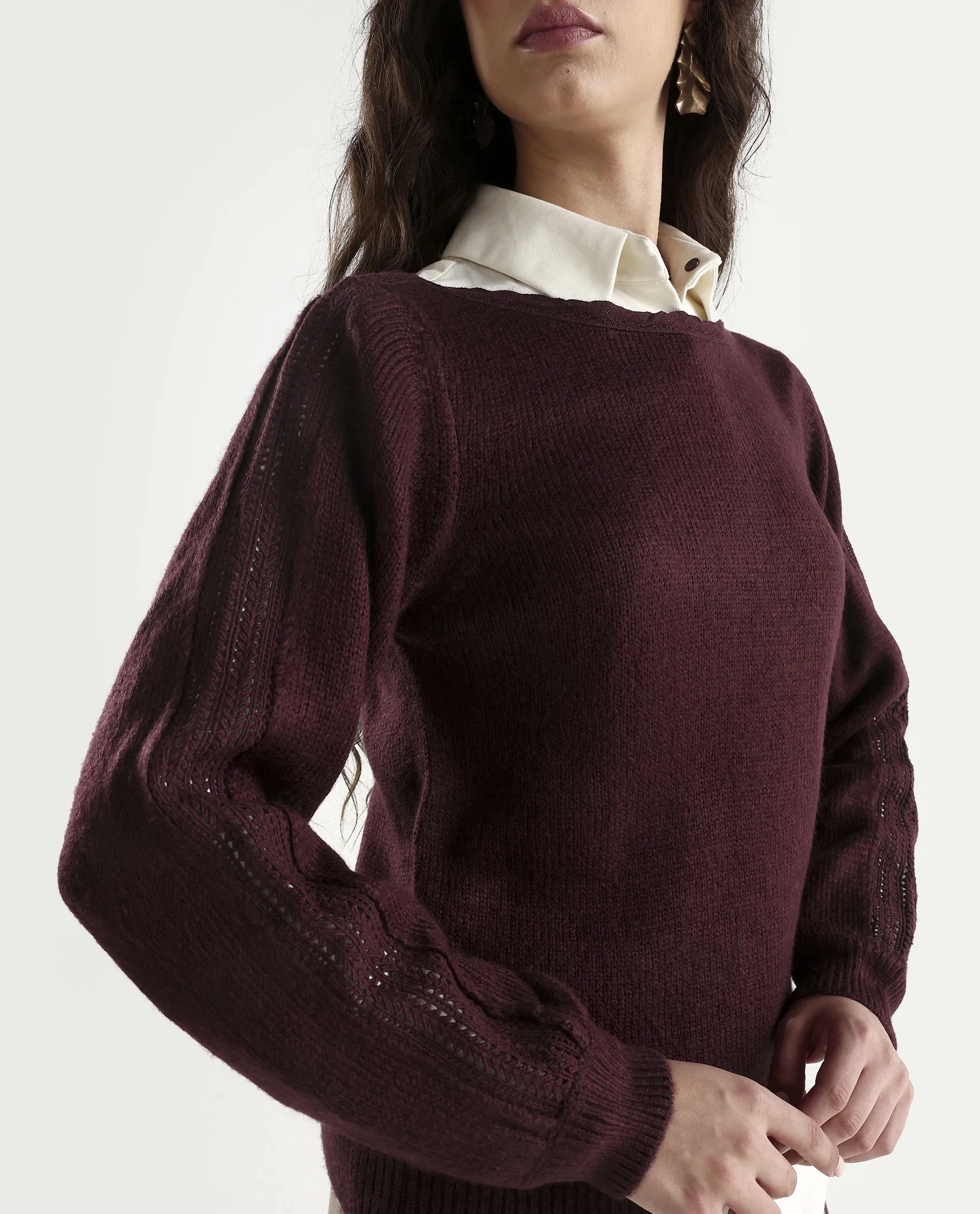 Rareism Women's Zula Dark Maroon Acrylic Blend Boat Neck Relaxed Fit Plain Sweater - Image 4